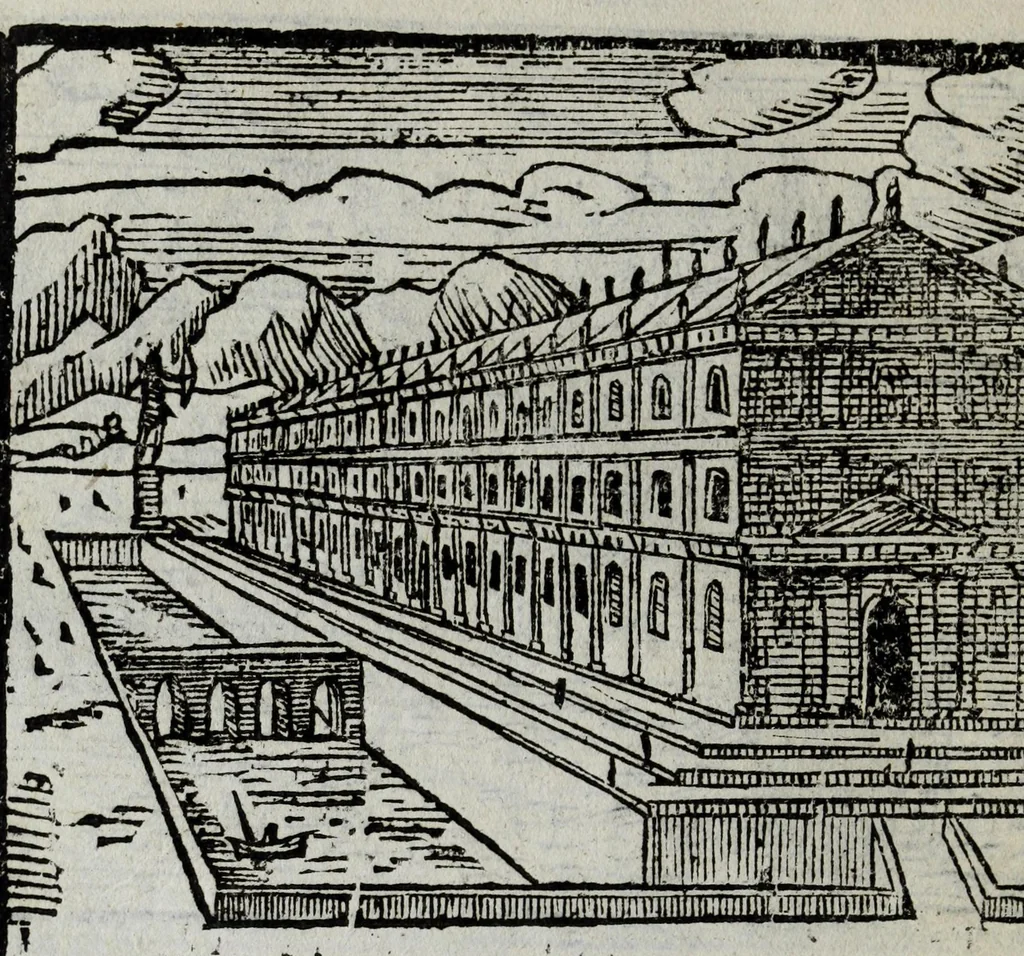 An illustration from Le cose marauigliose dell' alma citta di Roma : doue si tratta delle chiese, stationi, reliquie & corpi santi : et di diuersi maritaggi di pouere zitelle, che si fanno : con la guida romana, che insegna facilmente a' forastieri di ritrouare le cose più notabili di Roma : i nomi de' sommi pontefici, imperatori & altri principi christiani : con le principali poste d'Italia : di nuo[u]o corrette, ampliate & ornate di bellissime figure : con vn' aggiunta di tutte le cose fatte da Clemente VIII. e da Paolo V. fel. mem. : le sette merauiglie del mondo, & altre cose notabili, 1636, leaf 108