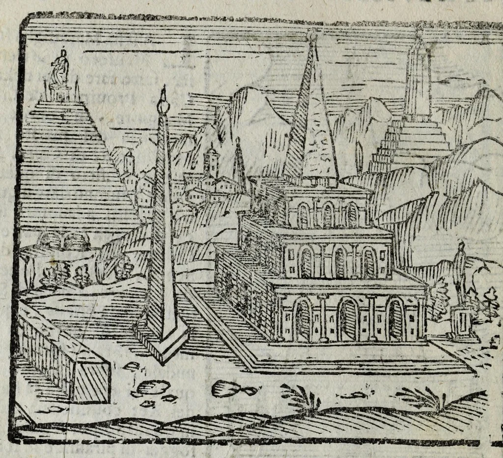 An illustration from Le cose marauigliose dell' alma citta di Roma : doue si tratta delle chiese, stationi, reliquie & corpi santi : et di diuersi maritaggi di pouere zitelle, che si fanno : con la guida romana, che insegna facilmente a' forastieri di ritrouare le cose più notabili di Roma : i nomi de' sommi pontefici, imperatori & altri principi christiani : con le principali poste d'Italia : di nuo[u]o corrette, ampliate & ornate di bellissime figure : con vn' aggiunta di tutte le cose fatte da Clemente VIII. e da Paolo V. fel. mem. : le sette merauiglie del mondo, & altre cose notabili, 1636, leaf 110