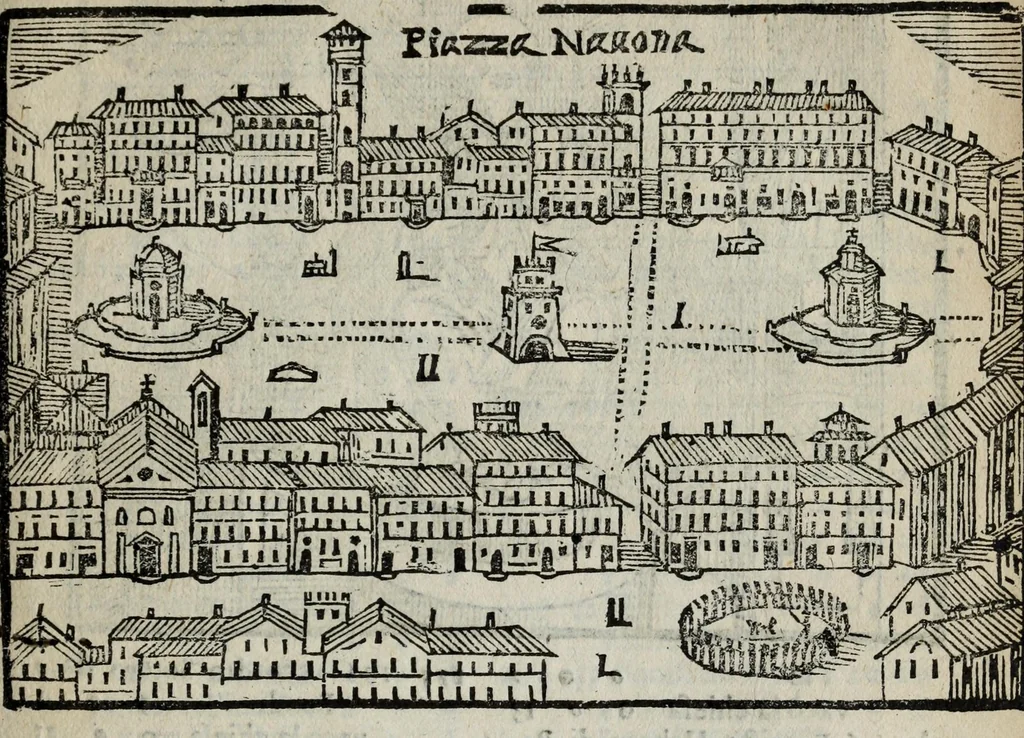 An illustration from Le cose marauigliose dell' alma citta di Roma : doue si tratta delle chiese, stationi, reliquie & corpi santi : et di diuersi maritaggi di pouere zitelle, che si fanno : con la guida romana, che insegna facilmente a' forastieri di ritrouare le cose più notabili di Roma : i nomi de' sommi pontefici, imperatori & altri principi christiani : con le principali poste d'Italia : di nuo[u]o corrette, ampliate & ornate di bellissime figure : con vn' aggiunta di tutte le cose fatte da Clemente VIII. e da Paolo V. fel. mem. : le sette merauiglie del mondo, & altre cose notabili, 1636, leaf 87