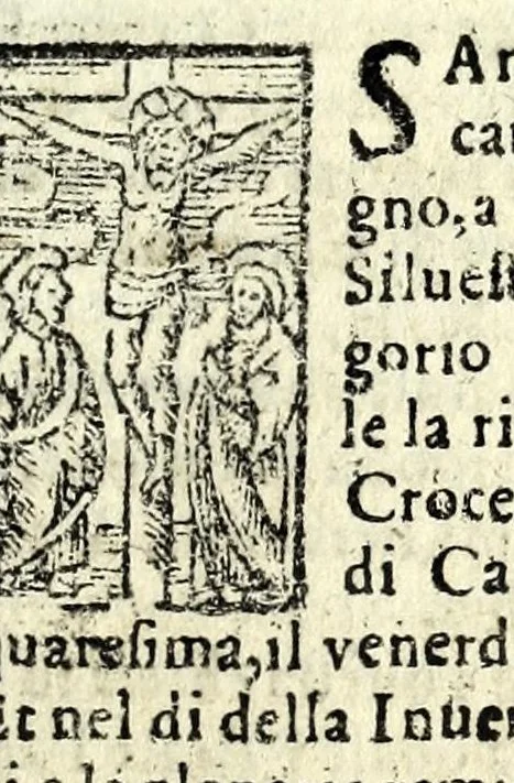 An illustration from Le cose maravigliose dell'alma citta di Roma : doue si tratta delle chiese, stationi, & reliquie de'corpi santi, che vi sono : con vn trattato d'acquistar l'indulgentie : la gvida romana che in segna facilmente a i forastieri a ritrouare le più notabil cose di Roma : li nomi de i sommi pontefici, imperatori, & altri principi christiani ... tvtti novamente pvrgati, & corretti, et vna epistola del cardinale Borromeo del giubileo dell'anno Santo, 1575, leaf 15