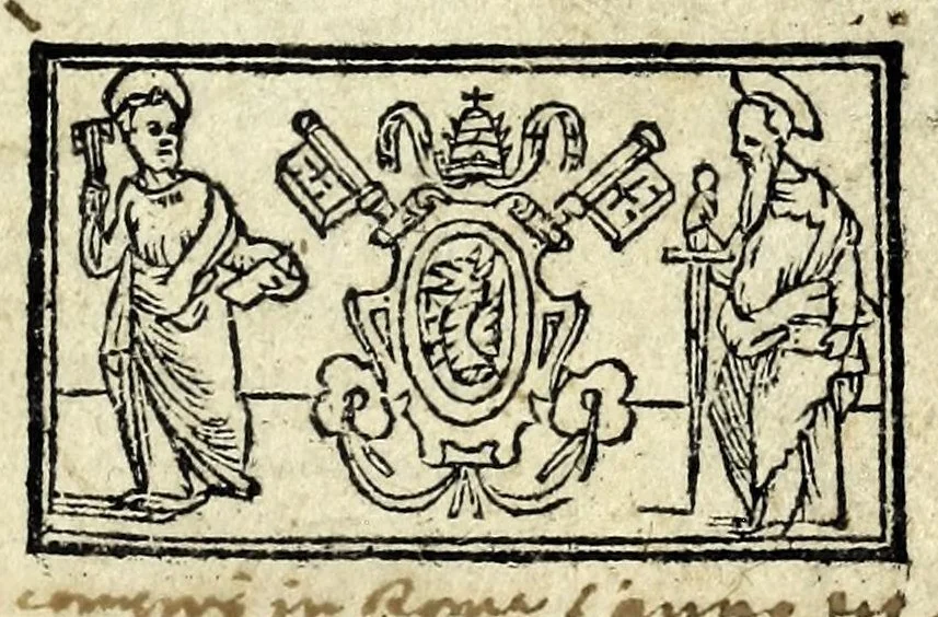 An illustration from Le cose maravigliose dell'alma citta di Roma : doue si tratta delle chiese, stationi, & reliquie de'corpi santi, che vi sono : con vn trattato d'acquistar l'indulgentie : la gvida romana che in segna facilmente a i forastieri a ritrouare le più notabil cose di Roma : li nomi de i sommi pontefici, imperatori, & altri principi christiani ... tvtti novamente pvrgati, & corretti, et vna epistola del cardinale Borromeo del giubileo dell'anno Santo, 1575, leaf 5