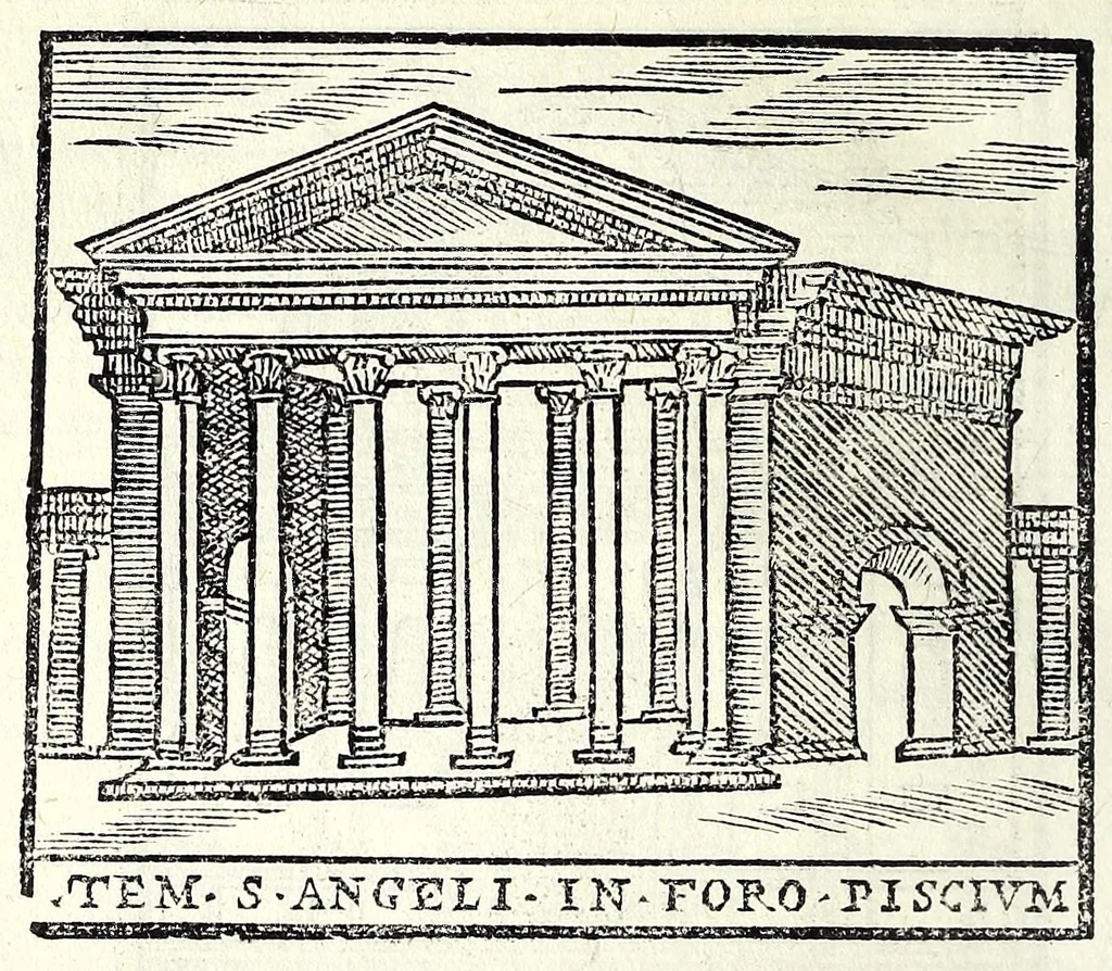 An illustration from Le cose maravigliose dell'alma città di Roma : dove si veggono il movimento delle guglie, & gli acquedutti per condurre l'Acqua Felice, le ample e commode strade, fatte à beneficio publico dal santissimo Sisto V. P.O.M. : et si tratta delle chiese, rappresentate in disegno da Gieronimo Francino, con le stationi, & reliquie de' corpi santi che vi sono, et vn trattato del modo d'acquistare l'indulgenze : la guida romana, che insegna facilmente à i forastieri à ritrouare le più notabili cose di Roma : li nomi de i sommi pontefici, imperatori, & altri principi christiani : il numero delle parrocchie & compagnie che sono in Roma : l'antichità di Roma, breuemente raccolta : & vn discorso sopra li fuochi de gli antichi, 1588, leaf 102