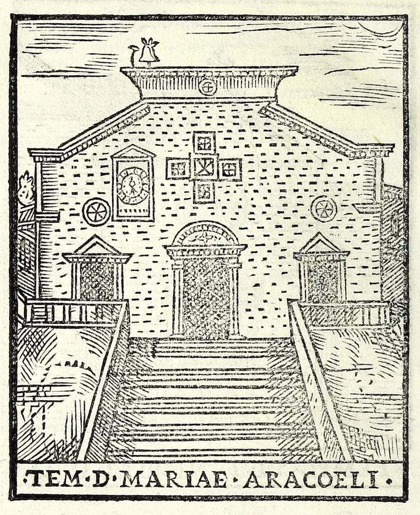 An illustration from Le cose maravigliose dell'alma città di Roma : dove si veggono il movimento delle guglie, & gli acquedutti per condurre l'Acqua Felice, le ample e commode strade, fatte à beneficio publico dal santissimo Sisto V. P.O.M. : et si tratta delle chiese, rappresentate in disegno da Gieronimo Francino, con le stationi, & reliquie de' corpi santi che vi sono, et vn trattato del modo d'acquistare l'indulgenze : la guida romana, che insegna facilmente à i forastieri à ritrouare le più notabili cose di Roma : li nomi de i sommi pontefici, imperatori, & altri principi christiani : il numero delle parrocchie & compagnie che sono in Roma : l'antichità di Roma, breuemente raccolta : & vn discorso sopra li fuochi de gli antichi, 1588, leaf 104