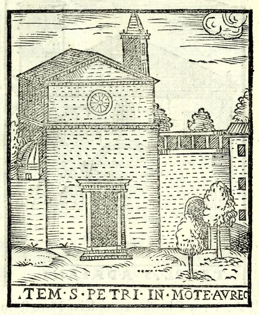 An illustration from Le cose maravigliose dell'alma città di Roma : dove si veggono il movimento delle guglie, & gli acquedutti per condurre l'Acqua Felice, le ample e commode strade, fatte à beneficio publico dal santissimo Sisto V. P.O.M. : et si tratta delle chiese, rappresentate in disegno da Gieronimo Francino, con le stationi, & reliquie de' corpi santi che vi sono, et vn trattato del modo d'acquistare l'indulgenze : la guida romana, che insegna facilmente à i forastieri à ritrouare le più notabili cose di Roma : li nomi de i sommi pontefici, imperatori, & altri principi christiani : il numero delle parrocchie & compagnie che sono in Roma : l'antichità di Roma, breuemente raccolta : & vn discorso sopra li fuochi de gli antichi, 1588, leaf 105