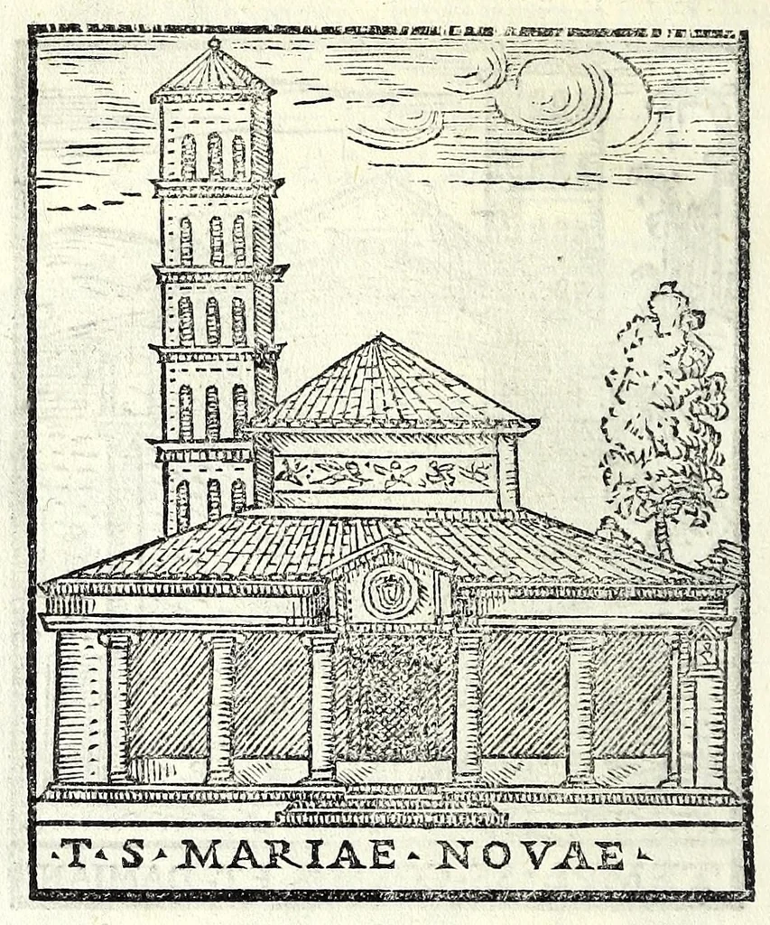 An illustration from Le cose maravigliose dell'alma città di Roma : dove si veggono il movimento delle guglie, & gli acquedutti per condurre l'Acqua Felice, le ample e commode strade, fatte à beneficio publico dal santissimo Sisto V. P.O.M. : et si tratta delle chiese, rappresentate in disegno da Gieronimo Francino, con le stationi, & reliquie de' corpi santi che vi sono, et vn trattato del modo d'acquistare l'indulgenze : la guida romana, che insegna facilmente à i forastieri à ritrouare le più notabili cose di Roma : li nomi de i sommi pontefici, imperatori, & altri principi christiani : il numero delle parrocchie & compagnie che sono in Roma : l'antichità di Roma, breuemente raccolta : & vn discorso sopra li fuochi de gli antichi, 1588, leaf 108
