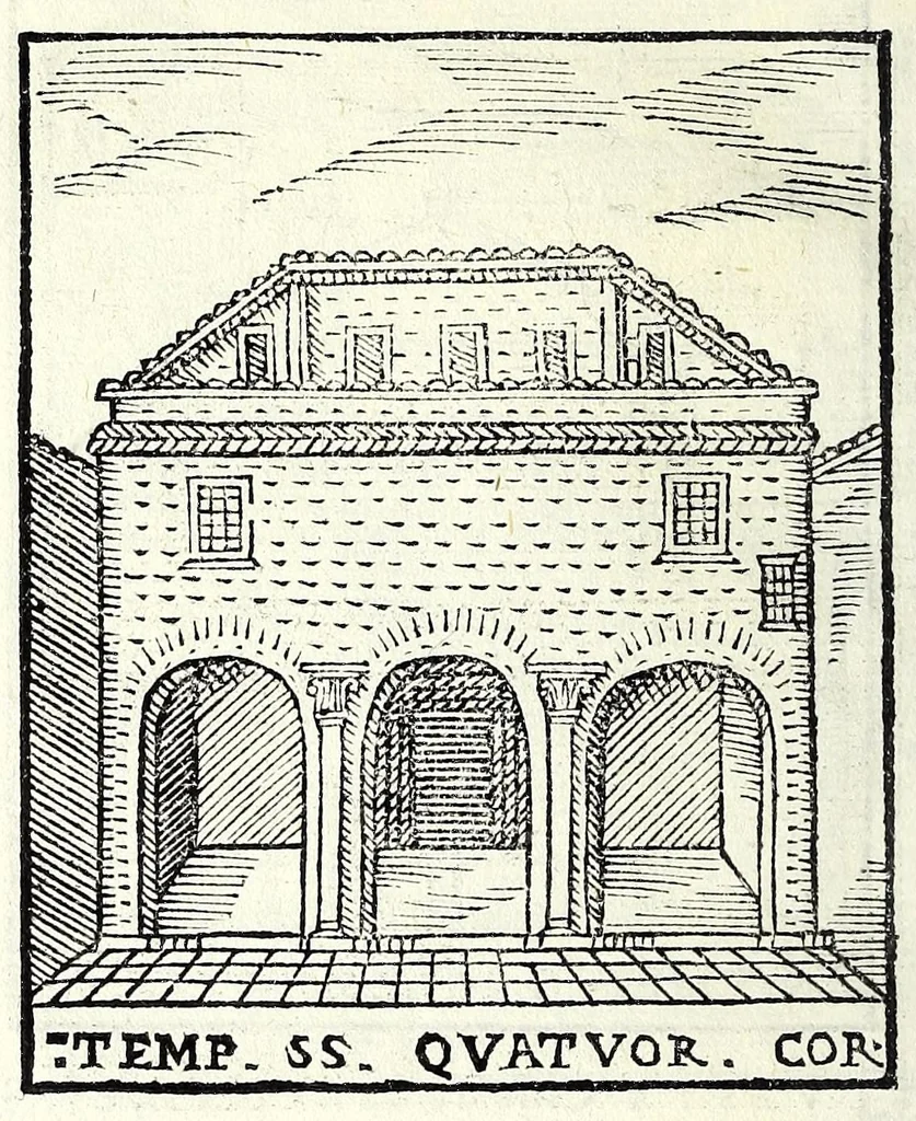 An illustration from Le cose maravigliose dell'alma città di Roma : dove si veggono il movimento delle guglie, & gli acquedutti per condurre l'Acqua Felice, le ample e commode strade, fatte à beneficio publico dal santissimo Sisto V. P.O.M. : et si tratta delle chiese, rappresentate in disegno da Gieronimo Francino, con le stationi, & reliquie de' corpi santi che vi sono, et vn trattato del modo d'acquistare l'indulgenze : la guida romana, che insegna facilmente à i forastieri à ritrouare le più notabili cose di Roma : li nomi de i sommi pontefici, imperatori, & altri principi christiani : il numero delle parrocchie & compagnie che sono in Roma : l'antichità di Roma, breuemente raccolta : & vn discorso sopra li fuochi de gli antichi, 1588, leaf 110