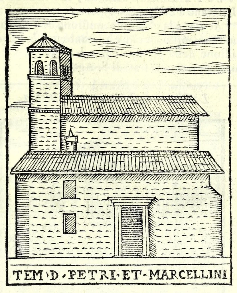 An illustration from Le cose maravigliose dell'alma città di Roma : dove si veggono il movimento delle guglie, & gli acquedutti per condurre l'Acqua Felice, le ample e commode strade, fatte à beneficio publico dal santissimo Sisto V. P.O.M. : et si tratta delle chiese, rappresentate in disegno da Gieronimo Francino, con le stationi, & reliquie de' corpi santi che vi sono, et vn trattato del modo d'acquistare l'indulgenze : la guida romana, che insegna facilmente à i forastieri à ritrouare le più notabili cose di Roma : li nomi de i sommi pontefici, imperatori, & altri principi christiani : il numero delle parrocchie & compagnie che sono in Roma : l'antichità di Roma, breuemente raccolta : & vn discorso sopra li fuochi de gli antichi, 1588, leaf 111