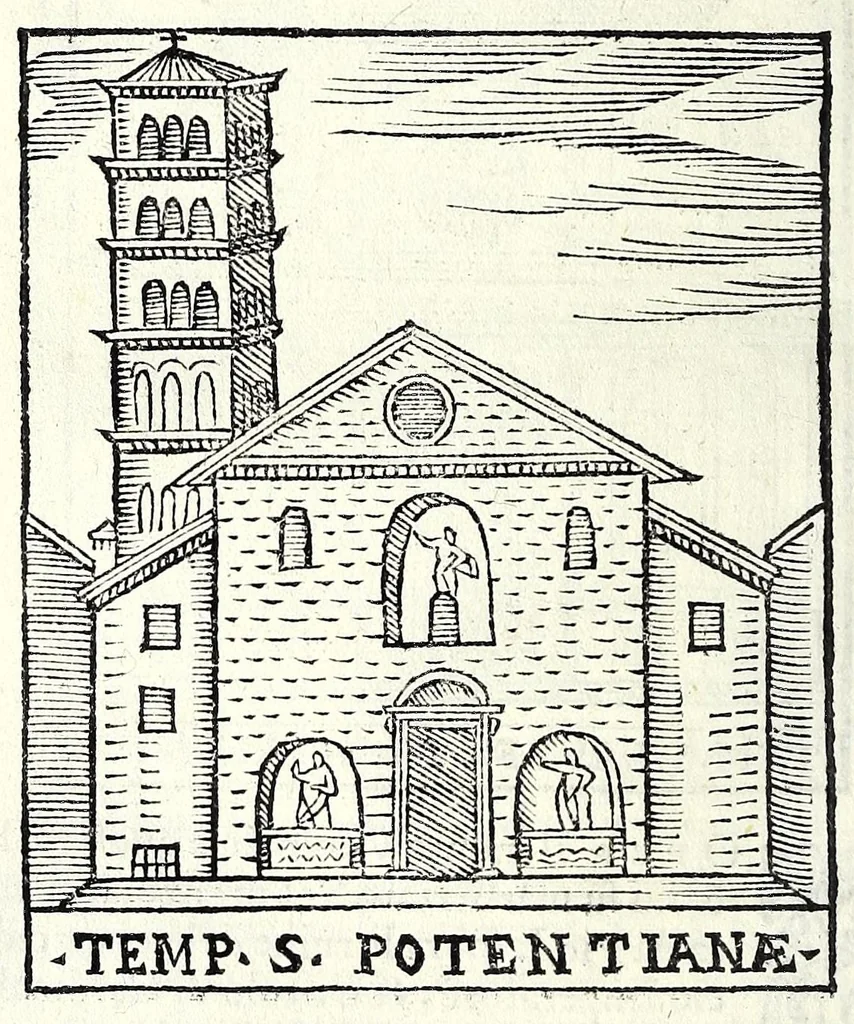 An illustration from Le cose maravigliose dell'alma città di Roma : dove si veggono il movimento delle guglie, & gli acquedutti per condurre l'Acqua Felice, le ample e commode strade, fatte à beneficio publico dal santissimo Sisto V. P.O.M. : et si tratta delle chiese, rappresentate in disegno da Gieronimo Francino, con le stationi, & reliquie de' corpi santi che vi sono, et vn trattato del modo d'acquistare l'indulgenze : la guida romana, che insegna facilmente à i forastieri à ritrouare le più notabili cose di Roma : li nomi de i sommi pontefici, imperatori, & altri principi christiani : il numero delle parrocchie & compagnie che sono in Roma : l'antichità di Roma, breuemente raccolta : & vn discorso sopra li fuochi de gli antichi, 1588, leaf 114