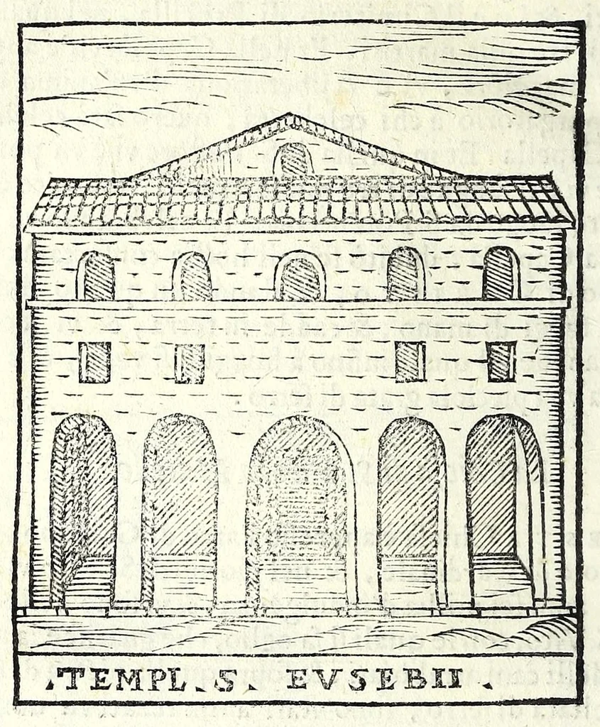 An illustration from Le cose maravigliose dell'alma città di Roma : dove si veggono il movimento delle guglie, & gli acquedutti per condurre l'Acqua Felice, le ample e commode strade, fatte à beneficio publico dal santissimo Sisto V. P.O.M. : et si tratta delle chiese, rappresentate in disegno da Gieronimo Francino, con le stationi, & reliquie de' corpi santi che vi sono, et vn trattato del modo d'acquistare l'indulgenze : la guida romana, che insegna facilmente à i forastieri à ritrouare le più notabili cose di Roma : li nomi de i sommi pontefici, imperatori, & altri principi christiani : il numero delle parrocchie & compagnie che sono in Roma : l'antichità di Roma, breuemente raccolta : & vn discorso sopra li fuochi de gli antichi, 1588, leaf 116