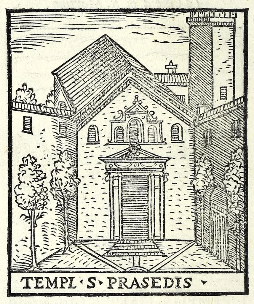 An illustration from Le cose maravigliose dell'alma città di Roma : dove si veggono il movimento delle guglie, & gli acquedutti per condurre l'Acqua Felice, le ample e commode strade, fatte à beneficio publico dal santissimo Sisto V. P.O.M. : et si tratta delle chiese, rappresentate in disegno da Gieronimo Francino, con le stationi, & reliquie de' corpi santi che vi sono, et vn trattato del modo d'acquistare l'indulgenze : la guida romana, che insegna facilmente à i forastieri à ritrouare le più notabili cose di Roma : li nomi de i sommi pontefici, imperatori, & altri principi christiani : il numero delle parrocchie & compagnie che sono in Roma : l'antichità di Roma, breuemente raccolta : & vn discorso sopra li fuochi de gli antichi, 1588, leaf 118
