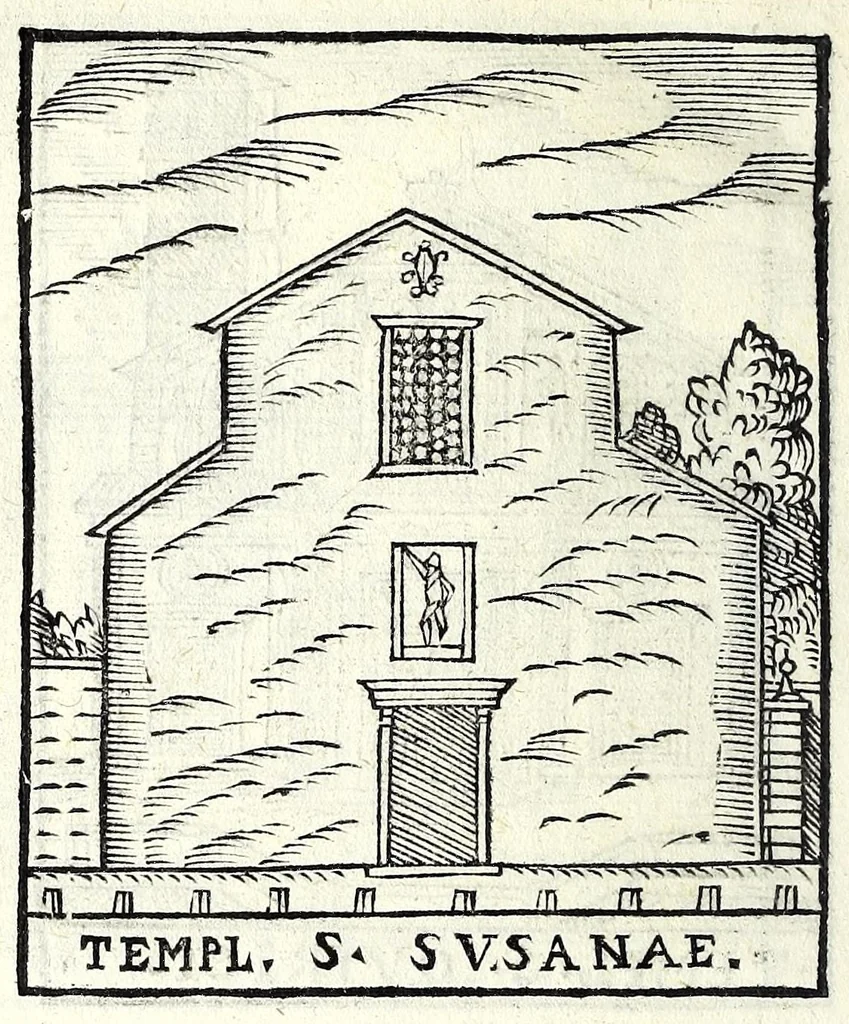 An illustration from Le cose maravigliose dell'alma città di Roma : dove si veggono il movimento delle guglie, & gli acquedutti per condurre l'Acqua Felice, le ample e commode strade, fatte à beneficio publico dal santissimo Sisto V. P.O.M. : et si tratta delle chiese, rappresentate in disegno da Gieronimo Francino, con le stationi, & reliquie de' corpi santi che vi sono, et vn trattato del modo d'acquistare l'indulgenze : la guida romana, che insegna facilmente à i forastieri à ritrouare le più notabili cose di Roma : li nomi de i sommi pontefici, imperatori, & altri principi christiani : il numero delle parrocchie & compagnie che sono in Roma : l'antichità di Roma, breuemente raccolta : & vn discorso sopra li fuochi de gli antichi, 1588, leaf 122
