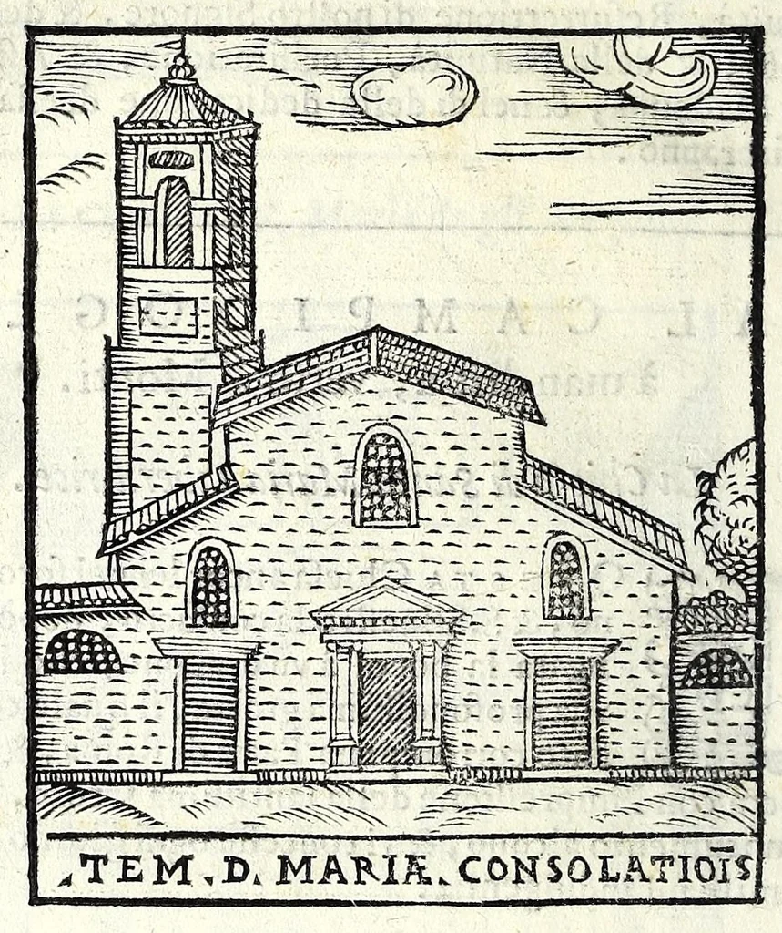 An illustration from Le cose maravigliose dell'alma città di Roma : dove si veggono il movimento delle guglie, & gli acquedutti per condurre l'Acqua Felice, le ample e commode strade, fatte à beneficio publico dal santissimo Sisto V. P.O.M. : et si tratta delle chiese, rappresentate in disegno da Gieronimo Francino, con le stationi, & reliquie de' corpi santi che vi sono, et vn trattato del modo d'acquistare l'indulgenze : la guida romana, che insegna facilmente à i forastieri à ritrouare le più notabili cose di Roma : li nomi de i sommi pontefici, imperatori, & altri principi christiani : il numero delle parrocchie & compagnie che sono in Roma : l'antichità di Roma, breuemente raccolta : & vn discorso sopra li fuochi de gli antichi, 1588, leaf 126