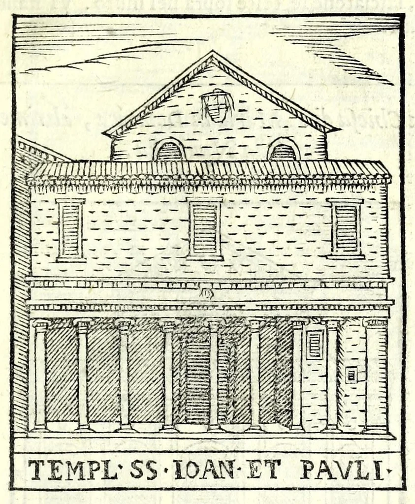 An illustration from Le cose maravigliose dell'alma città di Roma : dove si veggono il movimento delle guglie, & gli acquedutti per condurre l'Acqua Felice, le ample e commode strade, fatte à beneficio publico dal santissimo Sisto V. P.O.M. : et si tratta delle chiese, rappresentate in disegno da Gieronimo Francino, con le stationi, & reliquie de' corpi santi che vi sono, et vn trattato del modo d'acquistare l'indulgenze : la guida romana, che insegna facilmente à i forastieri à ritrouare le più notabili cose di Roma : li nomi de i sommi pontefici, imperatori, & altri principi christiani : il numero delle parrocchie & compagnie che sono in Roma : l'antichità di Roma, breuemente raccolta : & vn discorso sopra li fuochi de gli antichi, 1588, leaf 131