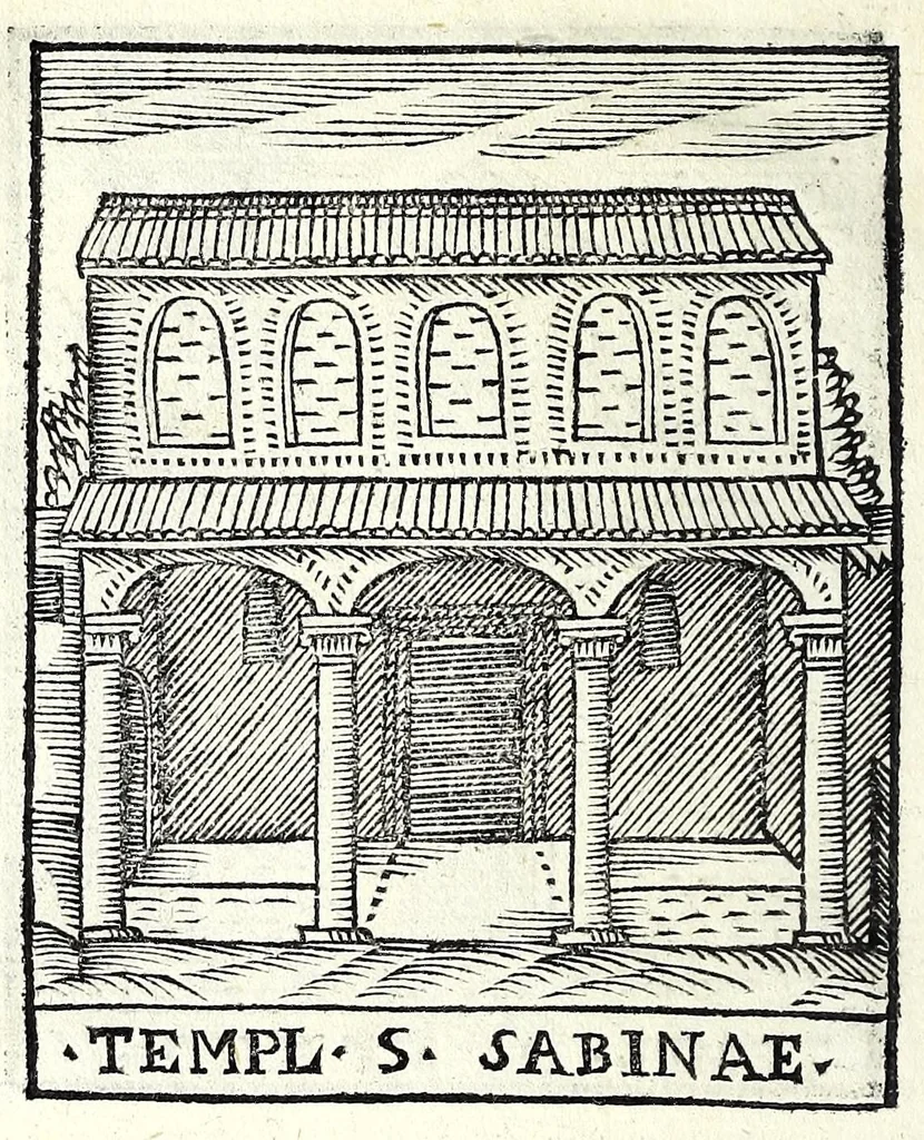 An illustration from Le cose maravigliose dell'alma città di Roma : dove si veggono il movimento delle guglie, & gli acquedutti per condurre l'Acqua Felice, le ample e commode strade, fatte à beneficio publico dal santissimo Sisto V. P.O.M. : et si tratta delle chiese, rappresentate in disegno da Gieronimo Francino, con le stationi, & reliquie de' corpi santi che vi sono, et vn trattato del modo d'acquistare l'indulgenze : la guida romana, che insegna facilmente à i forastieri à ritrouare le più notabili cose di Roma : li nomi de i sommi pontefici, imperatori, & altri principi christiani : il numero delle parrocchie & compagnie che sono in Roma : l'antichità di Roma, breuemente raccolta : & vn discorso sopra li fuochi de gli antichi, 1588, leaf 136