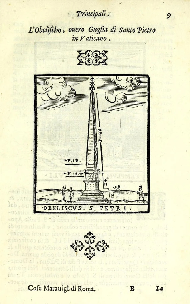 An illustration from Le cose maravigliose dell'alma città di Roma : dove si veggono il movimento delle guglie, & gli acquedutti per condurre l'Acqua Felice, le ample e commode strade, fatte à beneficio publico dal santissimo Sisto V. P.O.M. : et si tratta delle chiese, rappresentate in disegno da Gieronimo Francino, con le stationi, & reliquie de' corpi santi che vi sono, et vn trattato del modo d'acquistare l'indulgenze : la guida romana, che insegna facilmente à i forastieri à ritrouare le più notabili cose di Roma : li nomi de i sommi pontefici, imperatori, & altri principi christiani : il numero delle parrocchie & compagnie che sono in Roma : l'antichità di Roma, breuemente raccolta : & vn discorso sopra li fuochi de gli antichi, 1588, leaf 21