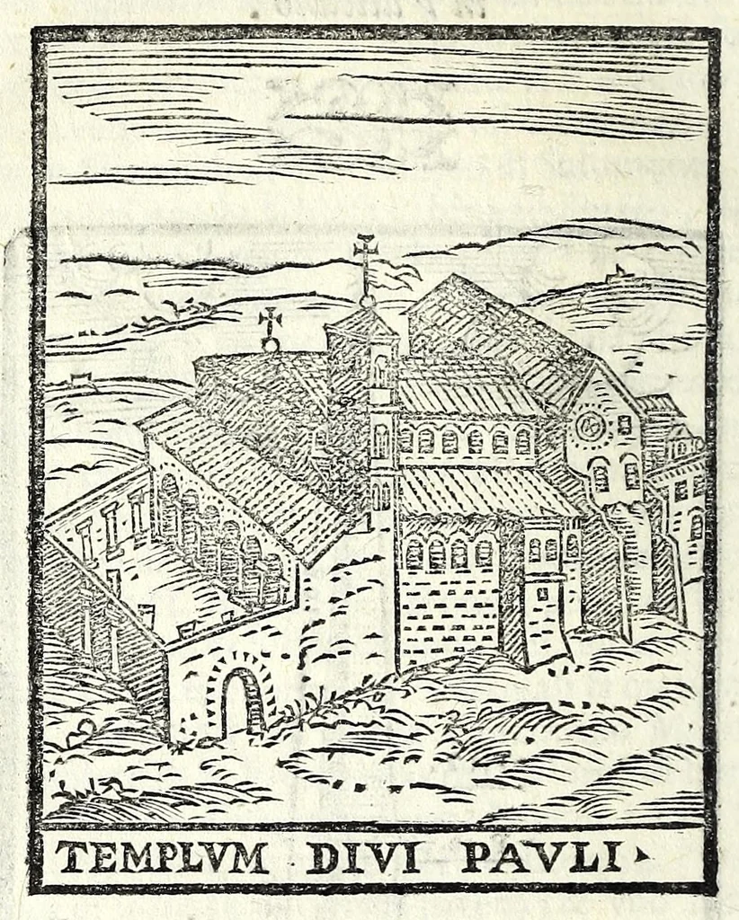 An illustration from Le cose maravigliose dell'alma città di Roma : dove si veggono il movimento delle guglie, & gli acquedutti per condurre l'Acqua Felice, le ample e commode strade, fatte à beneficio publico dal santissimo Sisto V. P.O.M. : et si tratta delle chiese, rappresentate in disegno da Gieronimo Francino, con le stationi, & reliquie de' corpi santi che vi sono, et vn trattato del modo d'acquistare l'indulgenze : la guida romana, che insegna facilmente à i forastieri à ritrouare le più notabili cose di Roma : li nomi de i sommi pontefici, imperatori, & altri principi christiani : il numero delle parrocchie & compagnie che sono in Roma : l'antichità di Roma, breuemente raccolta : & vn discorso sopra li fuochi de gli antichi, 1588, leaf 22