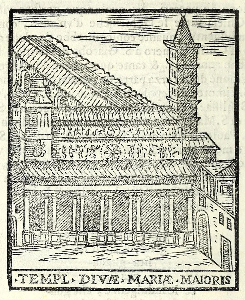 An illustration from Le cose maravigliose dell'alma città di Roma : dove si veggono il movimento delle guglie, & gli acquedutti per condurre l'Acqua Felice, le ample e commode strade, fatte à beneficio publico dal santissimo Sisto V. P.O.M. : et si tratta delle chiese, rappresentate in disegno da Gieronimo Francino, con le stationi, & reliquie de' corpi santi che vi sono, et vn trattato del modo d'acquistare l'indulgenze : la guida romana, che insegna facilmente à i forastieri à ritrouare le più notabili cose di Roma : li nomi de i sommi pontefici, imperatori, & altri principi christiani : il numero delle parrocchie & compagnie che sono in Roma : l'antichità di Roma, breuemente raccolta : & vn discorso sopra li fuochi de gli antichi, 1588, leaf 24
