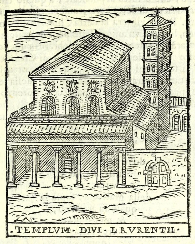 An illustration from Le cose maravigliose dell'alma città di Roma : dove si veggono il movimento delle guglie, & gli acquedutti per condurre l'Acqua Felice, le ample e commode strade, fatte à beneficio publico dal santissimo Sisto V. P.O.M. : et si tratta delle chiese, rappresentate in disegno da Gieronimo Francino, con le stationi, & reliquie de' corpi santi che vi sono, et vn trattato del modo d'acquistare l'indulgenze : la guida romana, che insegna facilmente à i forastieri à ritrouare le più notabili cose di Roma : li nomi de i sommi pontefici, imperatori, & altri principi christiani : il numero delle parrocchie & compagnie che sono in Roma : l'antichità di Roma, breuemente raccolta : & vn discorso sopra li fuochi de gli antichi, 1588, leaf 27