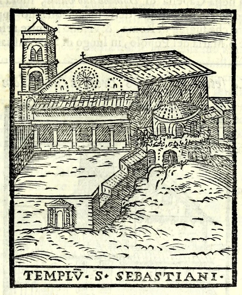 An illustration from Le cose maravigliose dell'alma città di Roma : dove si veggono il movimento delle guglie, & gli acquedutti per condurre l'Acqua Felice, le ample e commode strade, fatte à beneficio publico dal santissimo Sisto V. P.O.M. : et si tratta delle chiese, rappresentate in disegno da Gieronimo Francino, con le stationi, & reliquie de' corpi santi che vi sono, et vn trattato del modo d'acquistare l'indulgenze : la guida romana, che insegna facilmente à i forastieri à ritrouare le più notabili cose di Roma : li nomi de i sommi pontefici, imperatori, & altri principi christiani : il numero delle parrocchie & compagnie che sono in Roma : l'antichità di Roma, breuemente raccolta : & vn discorso sopra li fuochi de gli antichi, 1588, leaf 29