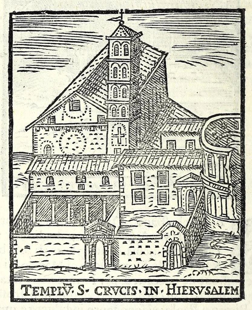 An illustration from Le cose maravigliose dell'alma città di Roma : dove si veggono il movimento delle guglie, & gli acquedutti per condurre l'Acqua Felice, le ample e commode strade, fatte à beneficio publico dal santissimo Sisto V. P.O.M. : et si tratta delle chiese, rappresentate in disegno da Gieronimo Francino, con le stationi, & reliquie de' corpi santi che vi sono, et vn trattato del modo d'acquistare l'indulgenze : la guida romana, che insegna facilmente à i forastieri à ritrouare le più notabili cose di Roma : li nomi de i sommi pontefici, imperatori, & altri principi christiani : il numero delle parrocchie & compagnie che sono in Roma : l'antichità di Roma, breuemente raccolta : & vn discorso sopra li fuochi de gli antichi, 1588, leaf 30