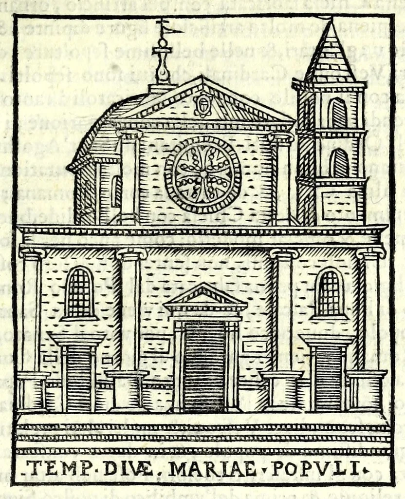 An illustration from Le cose maravigliose dell'alma città di Roma : dove si veggono il movimento delle guglie, & gli acquedutti per condurre l'Acqua Felice, le ample e commode strade, fatte à beneficio publico dal santissimo Sisto V. P.O.M. : et si tratta delle chiese, rappresentate in disegno da Gieronimo Francino, con le stationi, & reliquie de' corpi santi che vi sono, et vn trattato del modo d'acquistare l'indulgenze : la guida romana, che insegna facilmente à i forastieri à ritrouare le più notabili cose di Roma : li nomi de i sommi pontefici, imperatori, & altri principi christiani : il numero delle parrocchie & compagnie che sono in Roma : l'antichità di Roma, breuemente raccolta : & vn discorso sopra li fuochi de gli antichi, 1588, leaf 33