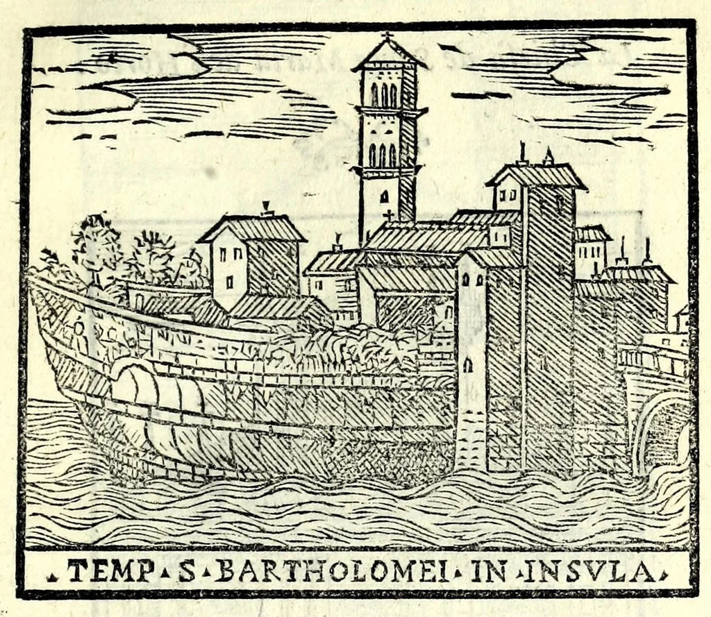 An illustration from Le cose maravigliose dell'alma città di Roma : dove si veggono il movimento delle guglie, & gli acquedutti per condurre l'Acqua Felice, le ample e commode strade, fatte à beneficio publico dal santissimo Sisto V. P.O.M. : et si tratta delle chiese, rappresentate in disegno da Gieronimo Francino, con le stationi, & reliquie de' corpi santi che vi sono, et vn trattato del modo d'acquistare l'indulgenze : la guida romana, che insegna facilmente à i forastieri à ritrouare le più notabili cose di Roma : li nomi de i sommi pontefici, imperatori, & altri principi christiani : il numero delle parrocchie & compagnie che sono in Roma : l'antichità di Roma, breuemente raccolta : & vn discorso sopra li fuochi de gli antichi, 1588, leaf 39