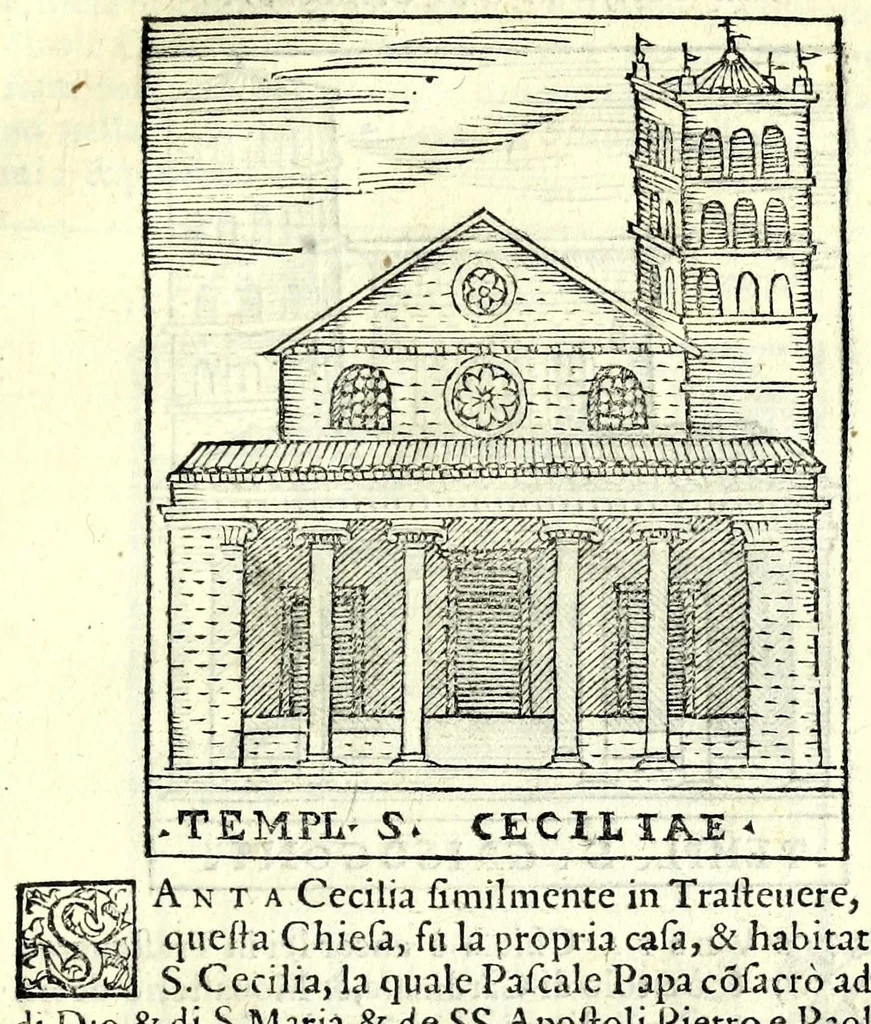An illustration from Le cose maravigliose dell'alma città di Roma : dove si veggono il movimento delle guglie, & gli acquedutti per condurre l'Acqua Felice, le ample e commode strade, fatte à beneficio publico dal santissimo Sisto V. P.O.M. : et si tratta delle chiese, rappresentate in disegno da Gieronimo Francino, con le stationi, & reliquie de' corpi santi che vi sono, et vn trattato del modo d'acquistare l'indulgenze : la guida romana, che insegna facilmente à i forastieri à ritrouare le più notabili cose di Roma : li nomi de i sommi pontefici, imperatori, & altri principi christiani : il numero delle parrocchie & compagnie che sono in Roma : l'antichità di Roma, breuemente raccolta : & vn discorso sopra li fuochi de gli antichi, 1588, leaf 41