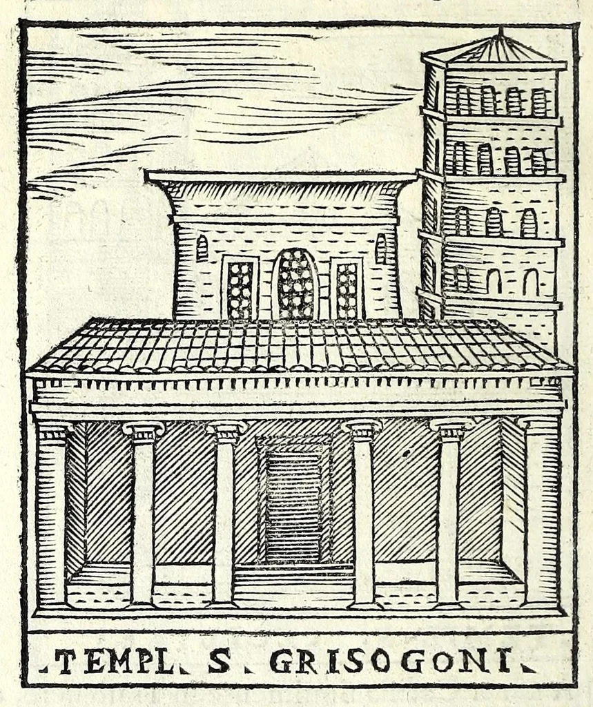 An illustration from Le cose maravigliose dell'alma città di Roma : dove si veggono il movimento delle guglie, & gli acquedutti per condurre l'Acqua Felice, le ample e commode strade, fatte à beneficio publico dal santissimo Sisto V. P.O.M. : et si tratta delle chiese, rappresentate in disegno da Gieronimo Francino, con le stationi, & reliquie de' corpi santi che vi sono, et vn trattato del modo d'acquistare l'indulgenze : la guida romana, che insegna facilmente à i forastieri à ritrouare le più notabili cose di Roma : li nomi de i sommi pontefici, imperatori, & altri principi christiani : il numero delle parrocchie & compagnie che sono in Roma : l'antichità di Roma, breuemente raccolta : & vn discorso sopra li fuochi de gli antichi, 1588, leaf 42