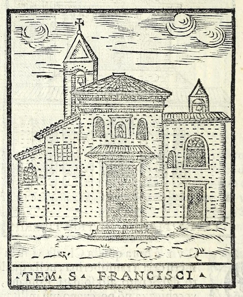An illustration from Le cose maravigliose dell'alma città di Roma : dove si veggono il movimento delle guglie, & gli acquedutti per condurre l'Acqua Felice, le ample e commode strade, fatte à beneficio publico dal santissimo Sisto V. P.O.M. : et si tratta delle chiese, rappresentate in disegno da Gieronimo Francino, con le stationi, & reliquie de' corpi santi che vi sono, et vn trattato del modo d'acquistare l'indulgenze : la guida romana, che insegna facilmente à i forastieri à ritrouare le più notabili cose di Roma : li nomi de i sommi pontefici, imperatori, & altri principi christiani : il numero delle parrocchie & compagnie che sono in Roma : l'antichità di Roma, breuemente raccolta : & vn discorso sopra li fuochi de gli antichi, 1588, leaf 44