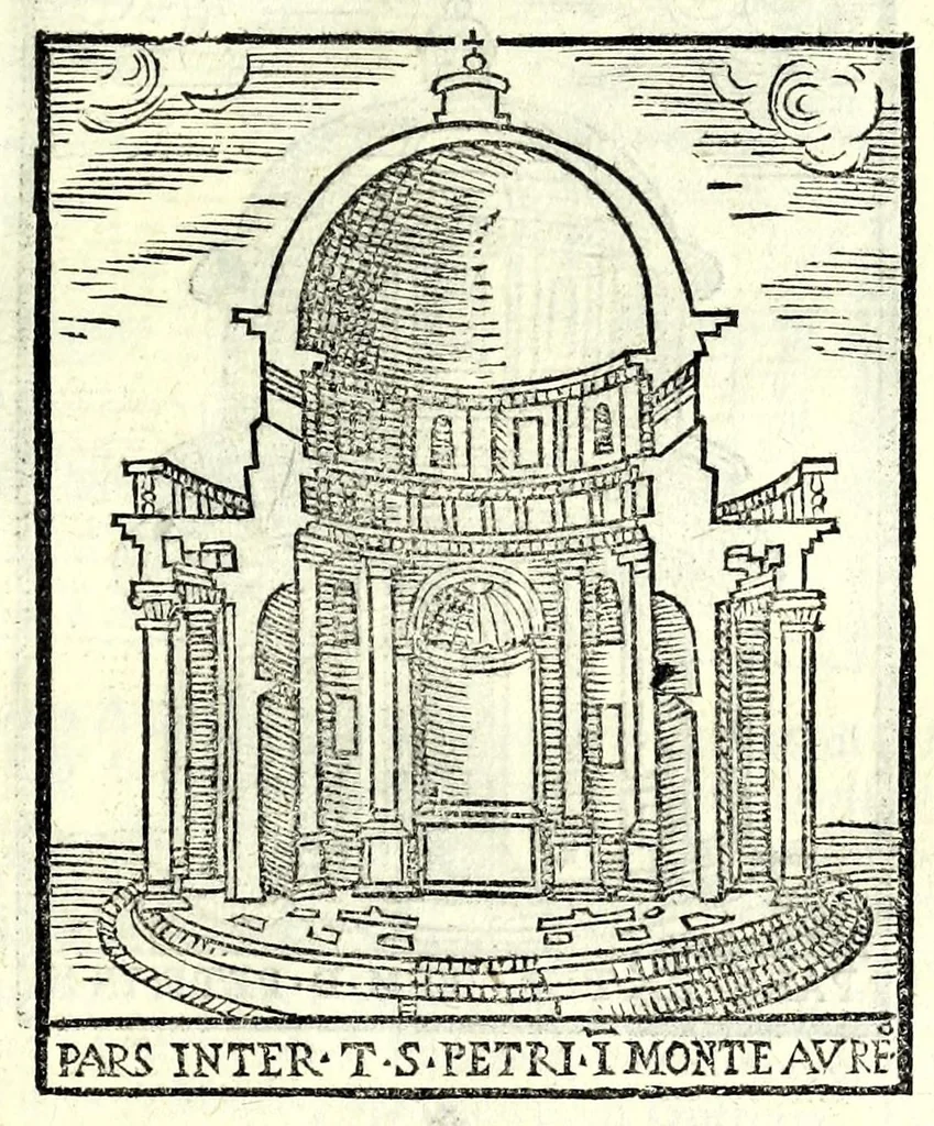 An illustration from Le cose maravigliose dell'alma città di Roma : dove si veggono il movimento delle guglie, & gli acquedutti per condurre l'Acqua Felice, le ample e commode strade, fatte à beneficio publico dal santissimo Sisto V. P.O.M. : et si tratta delle chiese, rappresentate in disegno da Gieronimo Francino, con le stationi, & reliquie de' corpi santi che vi sono, et vn trattato del modo d'acquistare l'indulgenze : la guida romana, che insegna facilmente à i forastieri à ritrouare le più notabili cose di Roma : li nomi de i sommi pontefici, imperatori, & altri principi christiani : il numero delle parrocchie & compagnie che sono in Roma : l'antichità di Roma, breuemente raccolta : & vn discorso sopra li fuochi de gli antichi, 1588, leaf 45