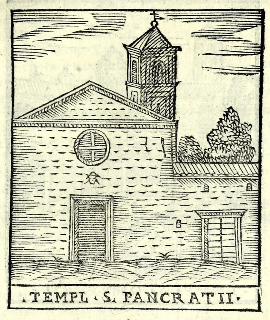 An illustration from Le cose maravigliose dell'alma città di Roma : dove si veggono il movimento delle guglie, & gli acquedutti per condurre l'Acqua Felice, le ample e commode strade, fatte à beneficio publico dal santissimo Sisto V. P.O.M. : et si tratta delle chiese, rappresentate in disegno da Gieronimo Francino, con le stationi, & reliquie de' corpi santi che vi sono, et vn trattato del modo d'acquistare l'indulgenze : la guida romana, che insegna facilmente à i forastieri à ritrouare le più notabili cose di Roma : li nomi de i sommi pontefici, imperatori, & altri principi christiani : il numero delle parrocchie & compagnie che sono in Roma : l'antichità di Roma, breuemente raccolta : & vn discorso sopra li fuochi de gli antichi, 1588, leaf 47