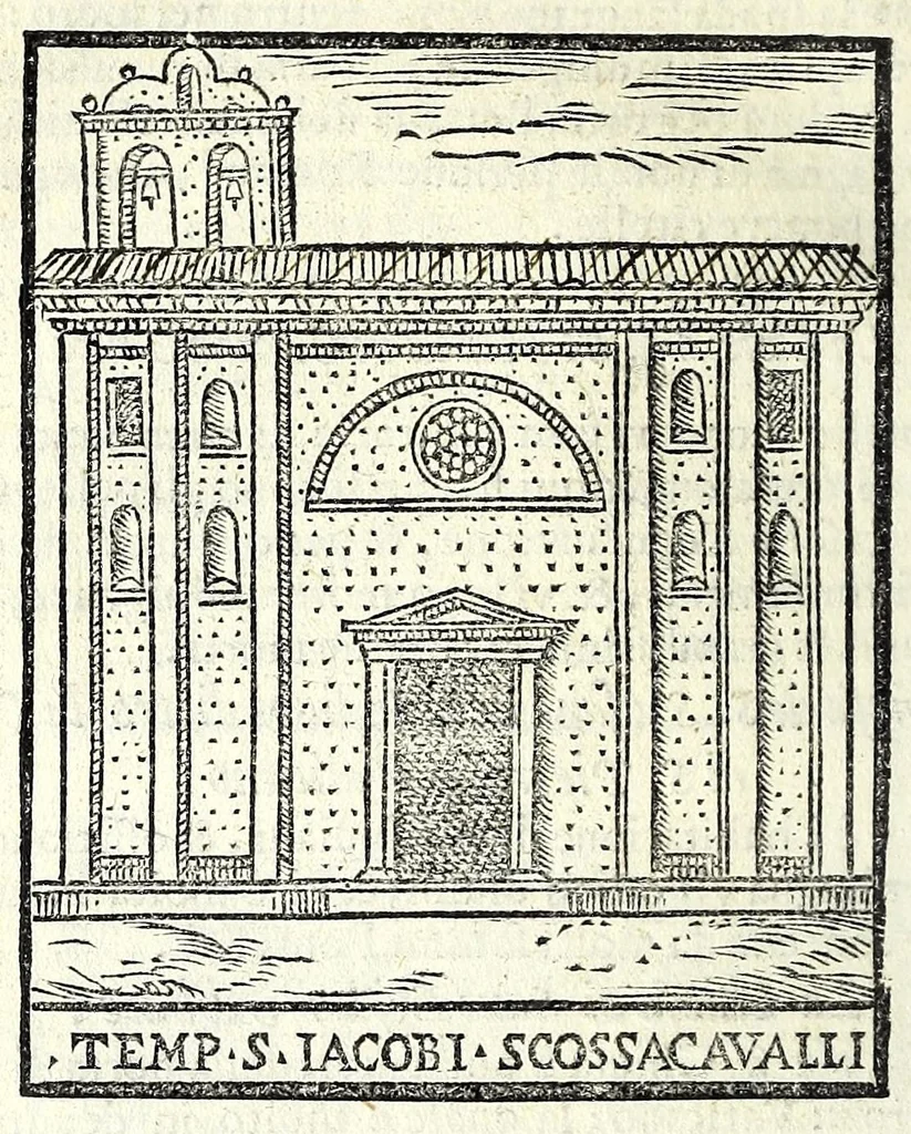An illustration from Le cose maravigliose dell'alma città di Roma : dove si veggono il movimento delle guglie, & gli acquedutti per condurre l'Acqua Felice, le ample e commode strade, fatte à beneficio publico dal santissimo Sisto V. P.O.M. : et si tratta delle chiese, rappresentate in disegno da Gieronimo Francino, con le stationi, & reliquie de' corpi santi che vi sono, et vn trattato del modo d'acquistare l'indulgenze : la guida romana, che insegna facilmente à i forastieri à ritrouare le più notabili cose di Roma : li nomi de i sommi pontefici, imperatori, & altri principi christiani : il numero delle parrocchie & compagnie che sono in Roma : l'antichità di Roma, breuemente raccolta : & vn discorso sopra li fuochi de gli antichi, 1588, leaf 54