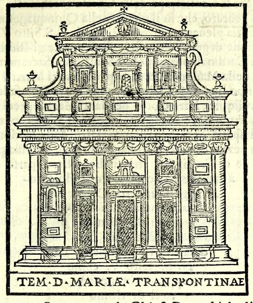 An illustration from Le cose maravigliose dell'alma città di Roma : dove si veggono il movimento delle guglie, & gli acquedutti per condurre l'Acqua Felice, le ample e commode strade, fatte à beneficio publico dal santissimo Sisto V. P.O.M. : et si tratta delle chiese, rappresentate in disegno da Gieronimo Francino, con le stationi, & reliquie de' corpi santi che vi sono, et vn trattato del modo d'acquistare l'indulgenze : la guida romana, che insegna facilmente à i forastieri à ritrouare le più notabili cose di Roma : li nomi de i sommi pontefici, imperatori, & altri principi christiani : il numero delle parrocchie & compagnie che sono in Roma : l'antichità di Roma, breuemente raccolta : & vn discorso sopra li fuochi de gli antichi, 1588, leaf 55