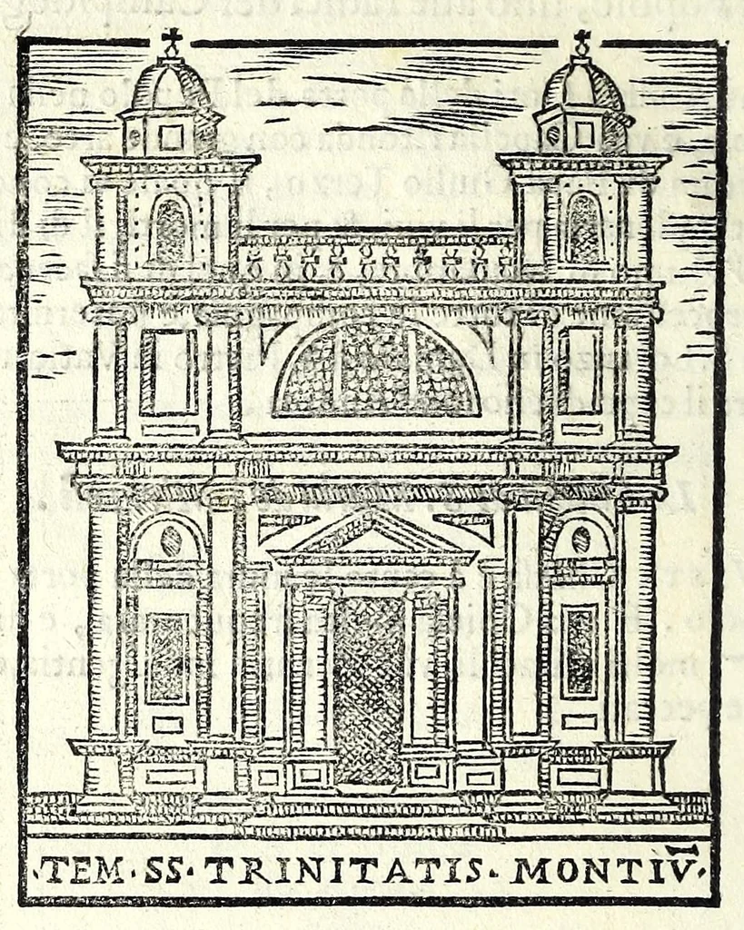 An illustration from Le cose maravigliose dell'alma città di Roma : dove si veggono il movimento delle guglie, & gli acquedutti per condurre l'Acqua Felice, le ample e commode strade, fatte à beneficio publico dal santissimo Sisto V. P.O.M. : et si tratta delle chiese, rappresentate in disegno da Gieronimo Francino, con le stationi, & reliquie de' corpi santi che vi sono, et vn trattato del modo d'acquistare l'indulgenze : la guida romana, che insegna facilmente à i forastieri à ritrouare le più notabili cose di Roma : li nomi de i sommi pontefici, imperatori, & altri principi christiani : il numero delle parrocchie & compagnie che sono in Roma : l'antichità di Roma, breuemente raccolta : & vn discorso sopra li fuochi de gli antichi, 1588, leaf 58