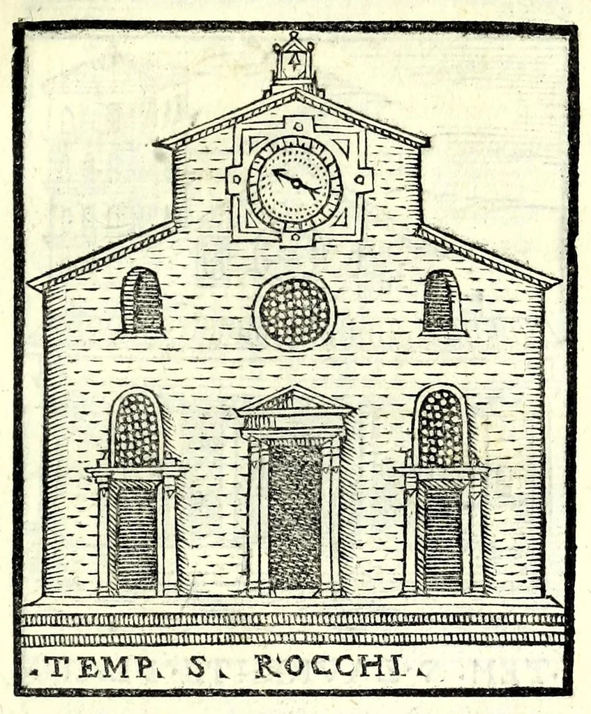 An illustration from Le cose maravigliose dell'alma città di Roma : dove si veggono il movimento delle guglie, & gli acquedutti per condurre l'Acqua Felice, le ample e commode strade, fatte à beneficio publico dal santissimo Sisto V. P.O.M. : et si tratta delle chiese, rappresentate in disegno da Gieronimo Francino, con le stationi, & reliquie de' corpi santi che vi sono, et vn trattato del modo d'acquistare l'indulgenze : la guida romana, che insegna facilmente à i forastieri à ritrouare le più notabili cose di Roma : li nomi de i sommi pontefici, imperatori, & altri principi christiani : il numero delle parrocchie & compagnie che sono in Roma : l'antichità di Roma, breuemente raccolta : & vn discorso sopra li fuochi de gli antichi, 1588, leaf 61