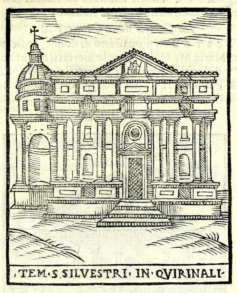An illustration from Le cose maravigliose dell'alma città di Roma : dove si veggono il movimento delle guglie, & gli acquedutti per condurre l'Acqua Felice, le ample e commode strade, fatte à beneficio publico dal santissimo Sisto V. P.O.M. : et si tratta delle chiese, rappresentate in disegno da Gieronimo Francino, con le stationi, & reliquie de' corpi santi che vi sono, et vn trattato del modo d'acquistare l'indulgenze : la guida romana, che insegna facilmente à i forastieri à ritrouare le più notabili cose di Roma : li nomi de i sommi pontefici, imperatori, & altri principi christiani : il numero delle parrocchie & compagnie che sono in Roma : l'antichità di Roma, breuemente raccolta : & vn discorso sopra li fuochi de gli antichi, 1588, leaf 63