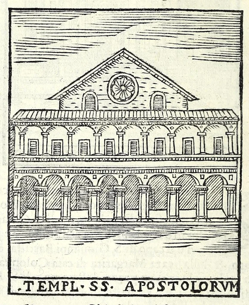 An illustration from Le cose maravigliose dell'alma città di Roma : dove si veggono il movimento delle guglie, & gli acquedutti per condurre l'Acqua Felice, le ample e commode strade, fatte à beneficio publico dal santissimo Sisto V. P.O.M. : et si tratta delle chiese, rappresentate in disegno da Gieronimo Francino, con le stationi, & reliquie de' corpi santi che vi sono, et vn trattato del modo d'acquistare l'indulgenze : la guida romana, che insegna facilmente à i forastieri à ritrouare le più notabili cose di Roma : li nomi de i sommi pontefici, imperatori, & altri principi christiani : il numero delle parrocchie & compagnie che sono in Roma : l'antichità di Roma, breuemente raccolta : & vn discorso sopra li fuochi de gli antichi, 1588, leaf 64