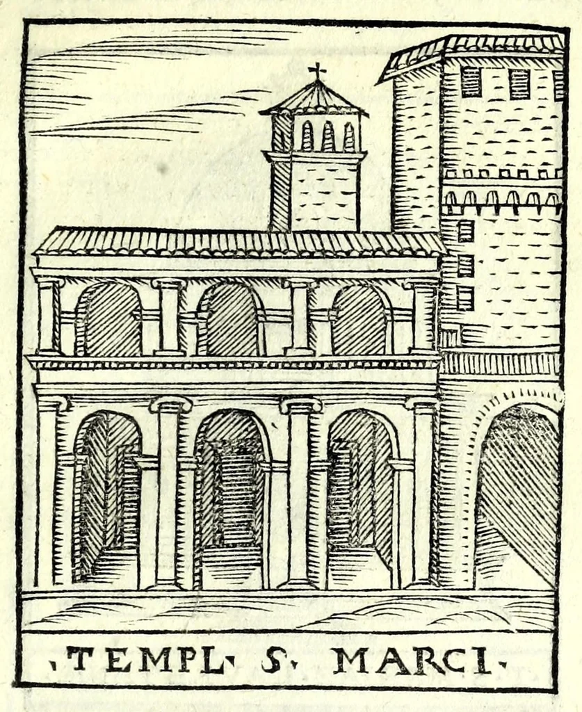 An illustration from Le cose maravigliose dell'alma città di Roma : dove si veggono il movimento delle guglie, & gli acquedutti per condurre l'Acqua Felice, le ample e commode strade, fatte à beneficio publico dal santissimo Sisto V. P.O.M. : et si tratta delle chiese, rappresentate in disegno da Gieronimo Francino, con le stationi, & reliquie de' corpi santi che vi sono, et vn trattato del modo d'acquistare l'indulgenze : la guida romana, che insegna facilmente à i forastieri à ritrouare le più notabili cose di Roma : li nomi de i sommi pontefici, imperatori, & altri principi christiani : il numero delle parrocchie & compagnie che sono in Roma : l'antichità di Roma, breuemente raccolta : & vn discorso sopra li fuochi de gli antichi, 1588, leaf 67