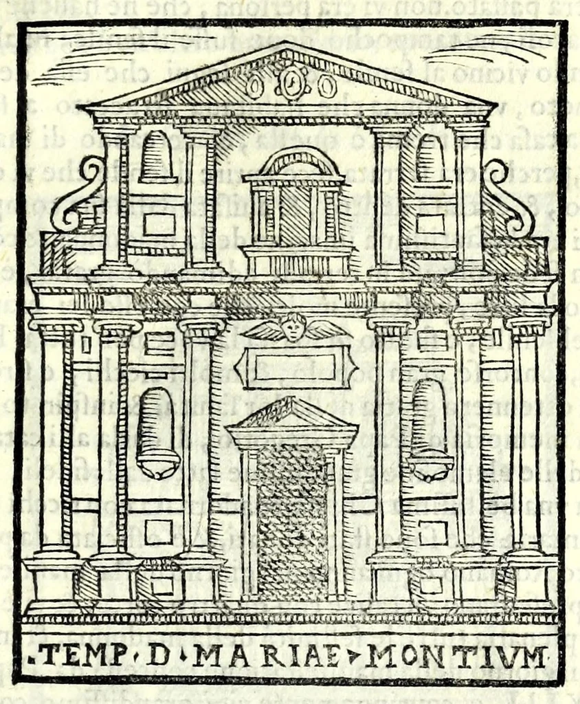 An illustration from Le cose maravigliose dell'alma città di Roma : dove si veggono il movimento delle guglie, & gli acquedutti per condurre l'Acqua Felice, le ample e commode strade, fatte à beneficio publico dal santissimo Sisto V. P.O.M. : et si tratta delle chiese, rappresentate in disegno da Gieronimo Francino, con le stationi, & reliquie de' corpi santi che vi sono, et vn trattato del modo d'acquistare l'indulgenze : la guida romana, che insegna facilmente à i forastieri à ritrouare le più notabili cose di Roma : li nomi de i sommi pontefici, imperatori, & altri principi christiani : il numero delle parrocchie & compagnie che sono in Roma : l'antichità di Roma, breuemente raccolta : & vn discorso sopra li fuochi de gli antichi, 1588, leaf 69