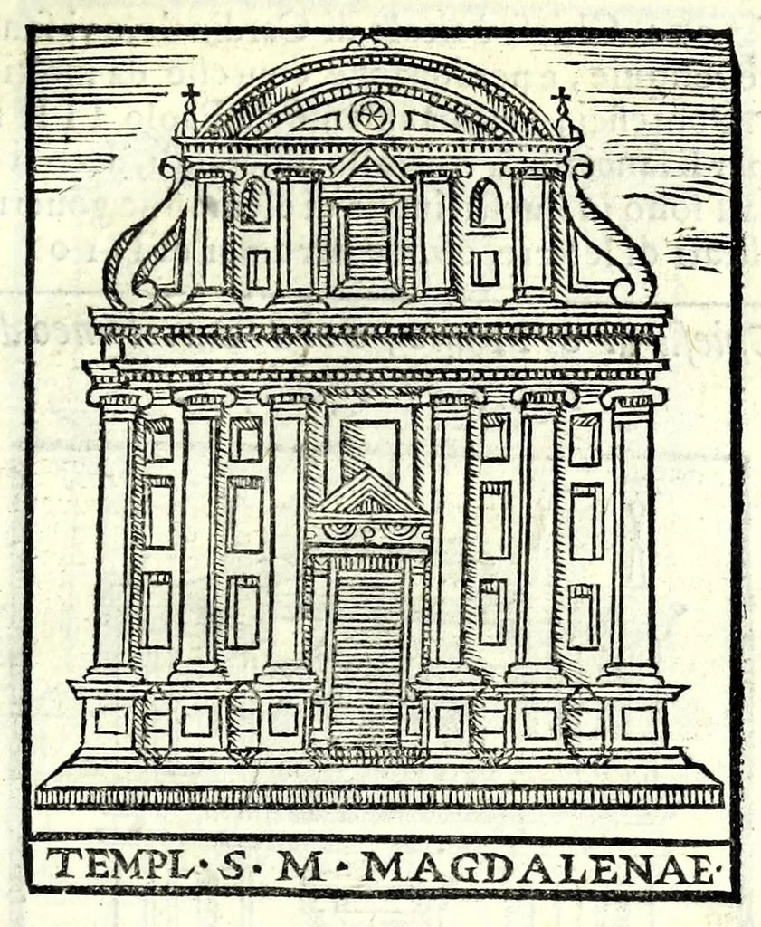 An illustration from Le cose maravigliose dell'alma città di Roma : dove si veggono il movimento delle guglie, & gli acquedutti per condurre l'Acqua Felice, le ample e commode strade, fatte à beneficio publico dal santissimo Sisto V. P.O.M. : et si tratta delle chiese, rappresentate in disegno da Gieronimo Francino, con le stationi, & reliquie de' corpi santi che vi sono, et vn trattato del modo d'acquistare l'indulgenze : la guida romana, che insegna facilmente à i forastieri à ritrouare le più notabili cose di Roma : li nomi de i sommi pontefici, imperatori, & altri principi christiani : il numero delle parrocchie & compagnie che sono in Roma : l'antichità di Roma, breuemente raccolta : & vn discorso sopra li fuochi de gli antichi, 1588, leaf 77