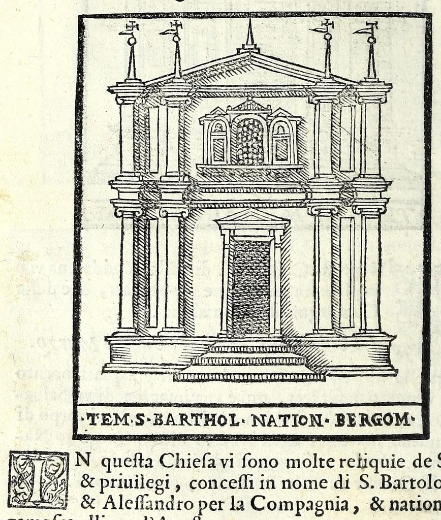 An illustration from Le cose maravigliose dell'alma città di Roma : dove si veggono il movimento delle guglie, & gli acquedutti per condurre l'Acqua Felice, le ample e commode strade, fatte à beneficio publico dal santissimo Sisto V. P.O.M. : et si tratta delle chiese, rappresentate in disegno da Gieronimo Francino, con le stationi, & reliquie de' corpi santi che vi sono, et vn trattato del modo d'acquistare l'indulgenze : la guida romana, che insegna facilmente à i forastieri à ritrouare le più notabili cose di Roma : li nomi de i sommi pontefici, imperatori, & altri principi christiani : il numero delle parrocchie & compagnie che sono in Roma : l'antichità di Roma, breuemente raccolta : & vn discorso sopra li fuochi de gli antichi, 1588, leaf 78