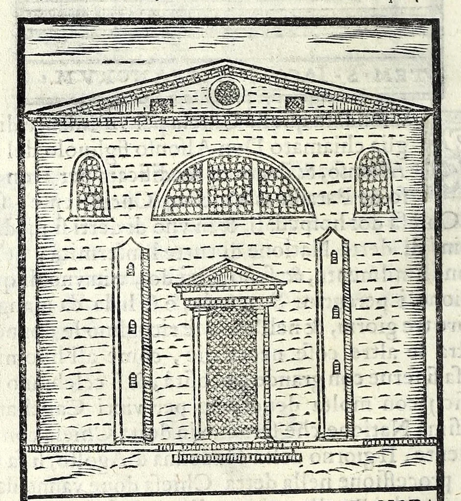 An illustration from Le cose maravigliose dell'alma città di Roma : dove si veggono il movimento delle guglie, & gli acquedutti per condurre l'Acqua Felice, le ample e commode strade, fatte à beneficio publico dal santissimo Sisto V. P.O.M. : et si tratta delle chiese, rappresentate in disegno da Gieronimo Francino, con le stationi, & reliquie de' corpi santi che vi sono, et vn trattato del modo d'acquistare l'indulgenze : la guida romana, che insegna facilmente à i forastieri à ritrouare le più notabili cose di Roma : li nomi de i sommi pontefici, imperatori, & altri principi christiani : il numero delle parrocchie & compagnie che sono in Roma : l'antichità di Roma, breuemente raccolta : & vn discorso sopra li fuochi de gli antichi, 1588, leaf 86