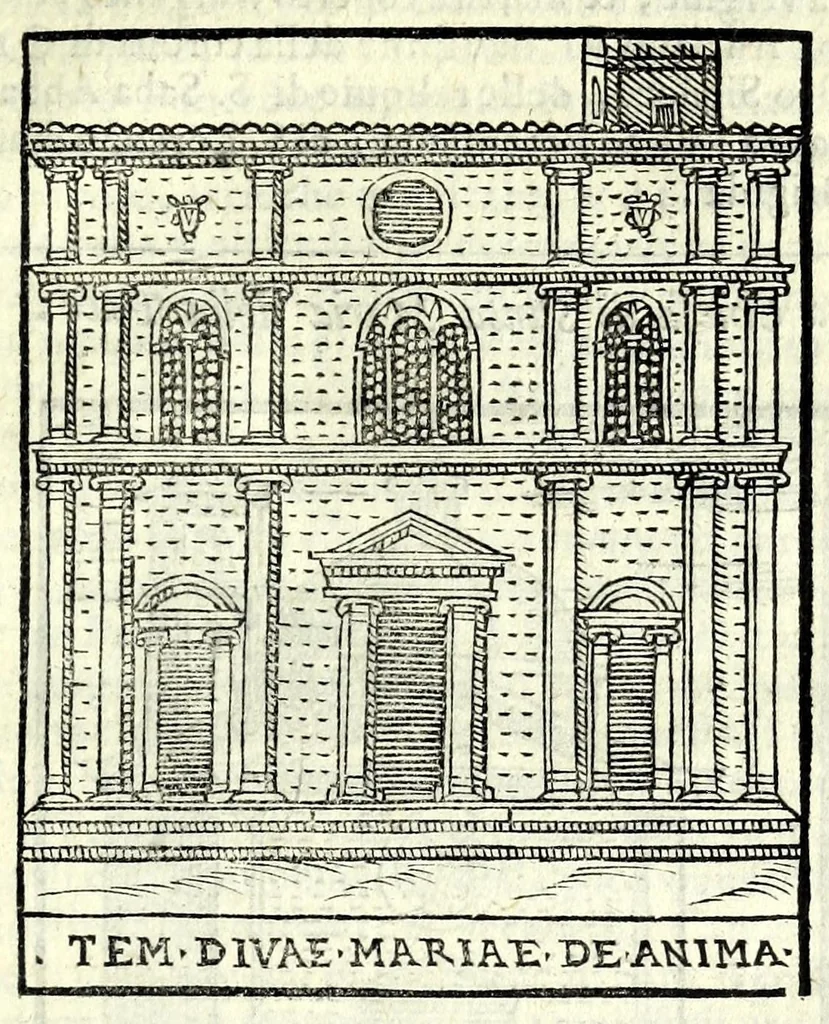 An illustration from Le cose maravigliose dell'alma città di Roma : dove si veggono il movimento delle guglie, & gli acquedutti per condurre l'Acqua Felice, le ample e commode strade, fatte à beneficio publico dal santissimo Sisto V. P.O.M. : et si tratta delle chiese, rappresentate in disegno da Gieronimo Francino, con le stationi, & reliquie de' corpi santi che vi sono, et vn trattato del modo d'acquistare l'indulgenze : la guida romana, che insegna facilmente à i forastieri à ritrouare le più notabili cose di Roma : li nomi de i sommi pontefici, imperatori, & altri principi christiani : il numero delle parrocchie & compagnie che sono in Roma : l'antichità di Roma, breuemente raccolta : & vn discorso sopra li fuochi de gli antichi, 1588, leaf 87