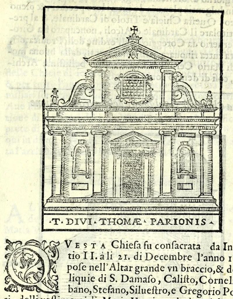 An illustration from Le cose maravigliose dell'alma città di Roma : dove si veggono il movimento delle guglie, & gli acquedutti per condurre l'Acqua Felice, le ample e commode strade, fatte à beneficio publico dal santissimo Sisto V. P.O.M. : et si tratta delle chiese, rappresentate in disegno da Gieronimo Francino, con le stationi, & reliquie de' corpi santi che vi sono, et vn trattato del modo d'acquistare l'indulgenze : la guida romana, che insegna facilmente à i forastieri à ritrouare le più notabili cose di Roma : li nomi de i sommi pontefici, imperatori, & altri principi christiani : il numero delle parrocchie & compagnie che sono in Roma : l'antichità di Roma, breuemente raccolta : & vn discorso sopra li fuochi de gli antichi, 1588, leaf 91