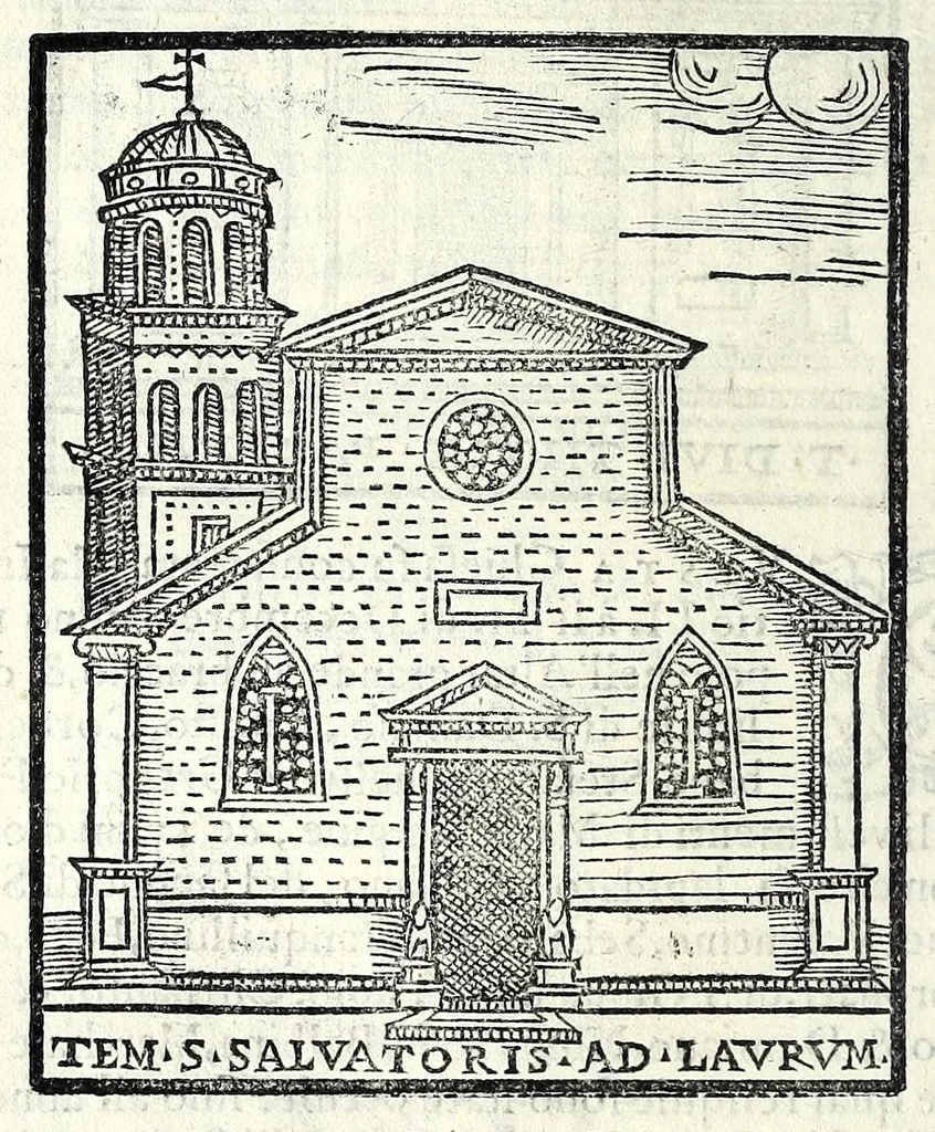 An illustration from Le cose maravigliose dell'alma città di Roma : dove si veggono il movimento delle guglie, & gli acquedutti per condurre l'Acqua Felice, le ample e commode strade, fatte à beneficio publico dal santissimo Sisto V. P.O.M. : et si tratta delle chiese, rappresentate in disegno da Gieronimo Francino, con le stationi, & reliquie de' corpi santi che vi sono, et vn trattato del modo d'acquistare l'indulgenze : la guida romana, che insegna facilmente à i forastieri à ritrouare le più notabili cose di Roma : li nomi de i sommi pontefici, imperatori, & altri principi christiani : il numero delle parrocchie & compagnie che sono in Roma : l'antichità di Roma, breuemente raccolta : & vn discorso sopra li fuochi de gli antichi, 1588, leaf 92