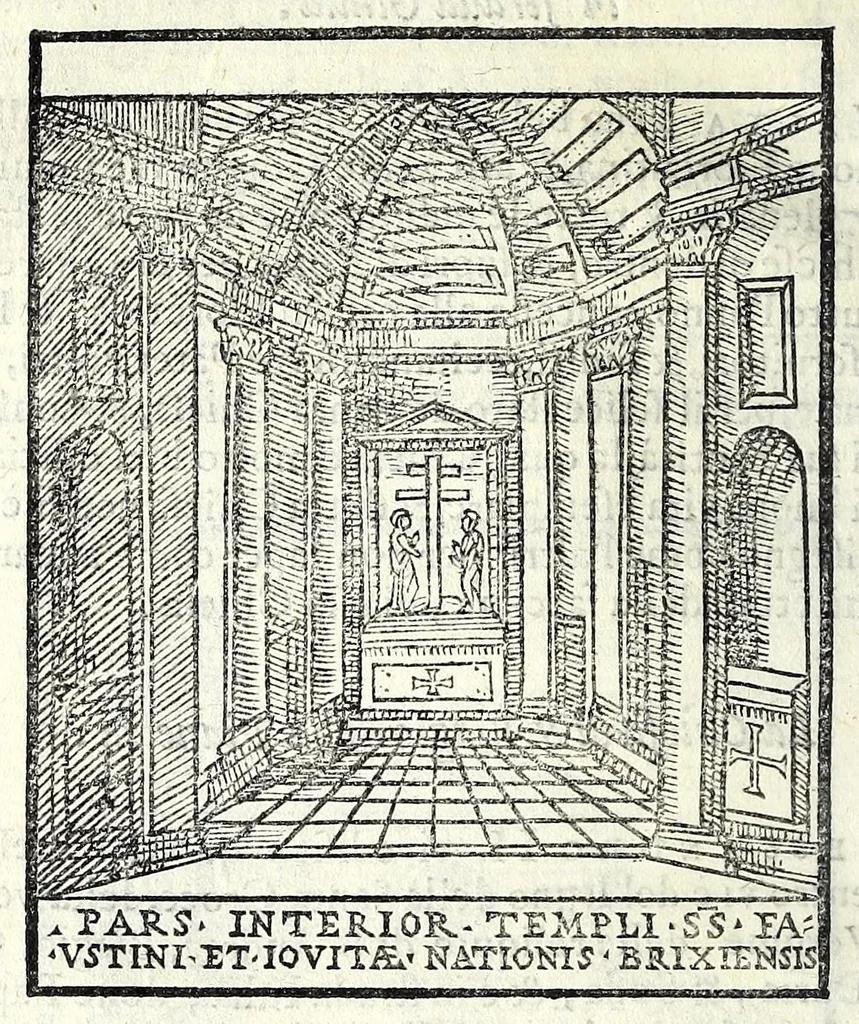 An illustration from Le cose maravigliose dell'alma città di Roma : dove si veggono il movimento delle guglie, & gli acquedutti per condurre l'Acqua Felice, le ample e commode strade, fatte à beneficio publico dal santissimo Sisto V. P.O.M. : et si tratta delle chiese, rappresentate in disegno da Gieronimo Francino, con le stationi, & reliquie de' corpi santi che vi sono, et vn trattato del modo d'acquistare l'indulgenze : la guida romana, che insegna facilmente à i forastieri à ritrouare le più notabili cose di Roma : li nomi de i sommi pontefici, imperatori, & altri principi christiani : il numero delle parrocchie & compagnie che sono in Roma : l'antichità di Roma, breuemente raccolta : & vn discorso sopra li fuochi de gli antichi, 1588, leaf 94