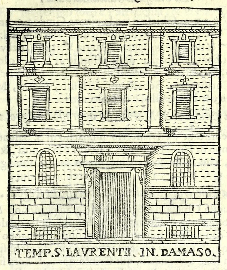 An illustration from Le cose maravigliose dell'alma città di Roma : dove si veggono il movimento delle guglie, & gli acquedutti per condurre l'Acqua Felice, le ample e commode strade, fatte à beneficio publico dal santissimo Sisto V. P.O.M. : et si tratta delle chiese, rappresentate in disegno da Gieronimo Francino, con le stationi, & reliquie de' corpi santi che vi sono, et vn trattato del modo d'acquistare l'indulgenze : la guida romana, che insegna facilmente à i forastieri à ritrouare le più notabili cose di Roma : li nomi de i sommi pontefici, imperatori, & altri principi christiani : il numero delle parrocchie & compagnie che sono in Roma : l'antichità di Roma, breuemente raccolta : & vn discorso sopra li fuochi de gli antichi, 1588, leaf 97