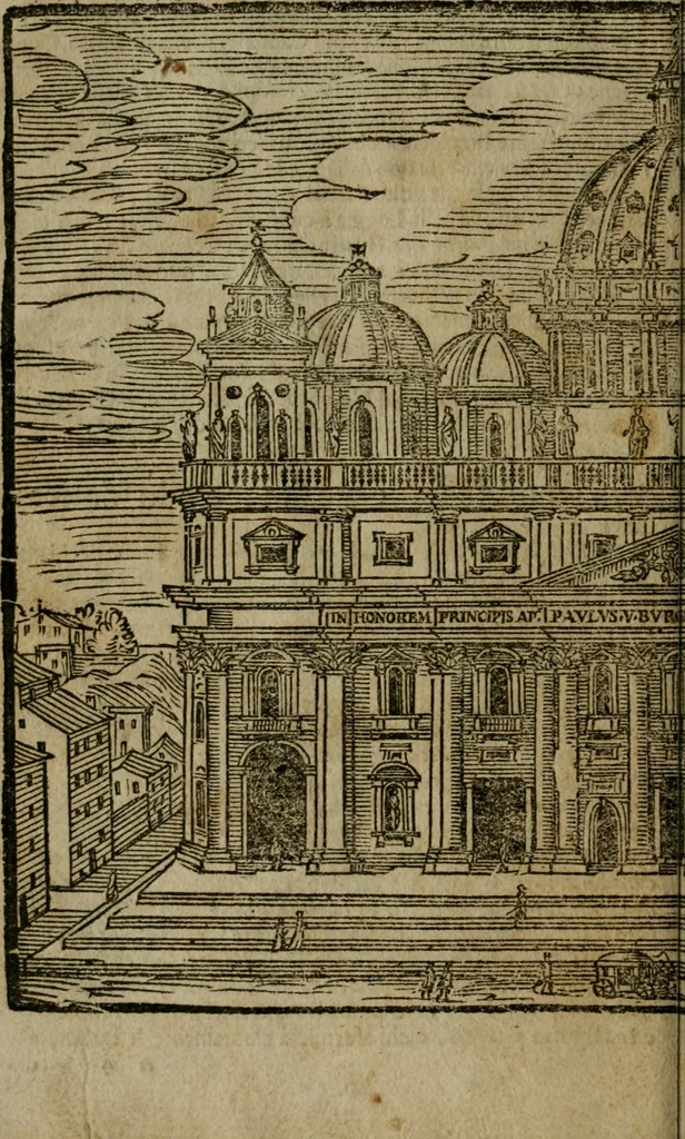 An illustration from Le cose maravigliose di Roma : cioè, chiese, e luoghi pij, con la delineatione dell'edificio, loro historia, ornamenti, pitture, e sculture, co'l nome de' pittori e scultori che l'han fatte : cimiterij, reliquie, corpi santi, stationi, & indulgenze che vi sono ... : la guida romana, che insegna a' forastieri di trouar facilmente le sudette cose ; i nomi de' sommi pontefici, imperatori, rè & altri prencipi christiani : le sette famose marauiglie del mondo : con le poste principali d'Italia & altre cose notabili, 1640, leaf 11