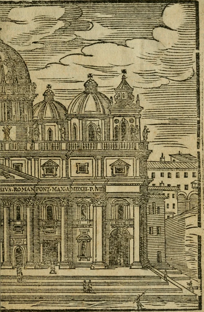An illustration from Le cose maravigliose di Roma : cioè, chiese, e luoghi pij, con la delineatione dell'edificio, loro historia, ornamenti, pitture, e sculture, co'l nome de' pittori e scultori che l'han fatte : cimiterij, reliquie, corpi santi, stationi, & indulgenze che vi sono ... : la guida romana, che insegna a' forastieri di trouar facilmente le sudette cose ; i nomi de' sommi pontefici, imperatori, rè & altri prencipi christiani : le sette famose marauiglie del mondo : con le poste principali d'Italia & altre cose notabili, 1640, leaf 12