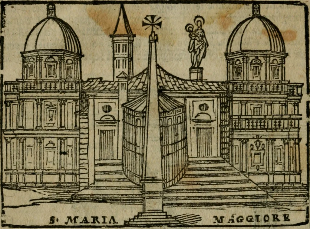 An illustration from Le cose maravigliose di Roma : cioè, chiese, e luoghi pij, con la delineatione dell'edificio, loro historia, ornamenti, pitture, e sculture, co'l nome de' pittori e scultori che l'han fatte : cimiterij, reliquie, corpi santi, stationi, & indulgenze che vi sono ... : la guida romana, che insegna a' forastieri di trouar facilmente le sudette cose ; i nomi de' sommi pontefici, imperatori, rè & altri prencipi christiani : le sette famose marauiglie del mondo : con le poste principali d'Italia & altre cose notabili, 1640, leaf 21